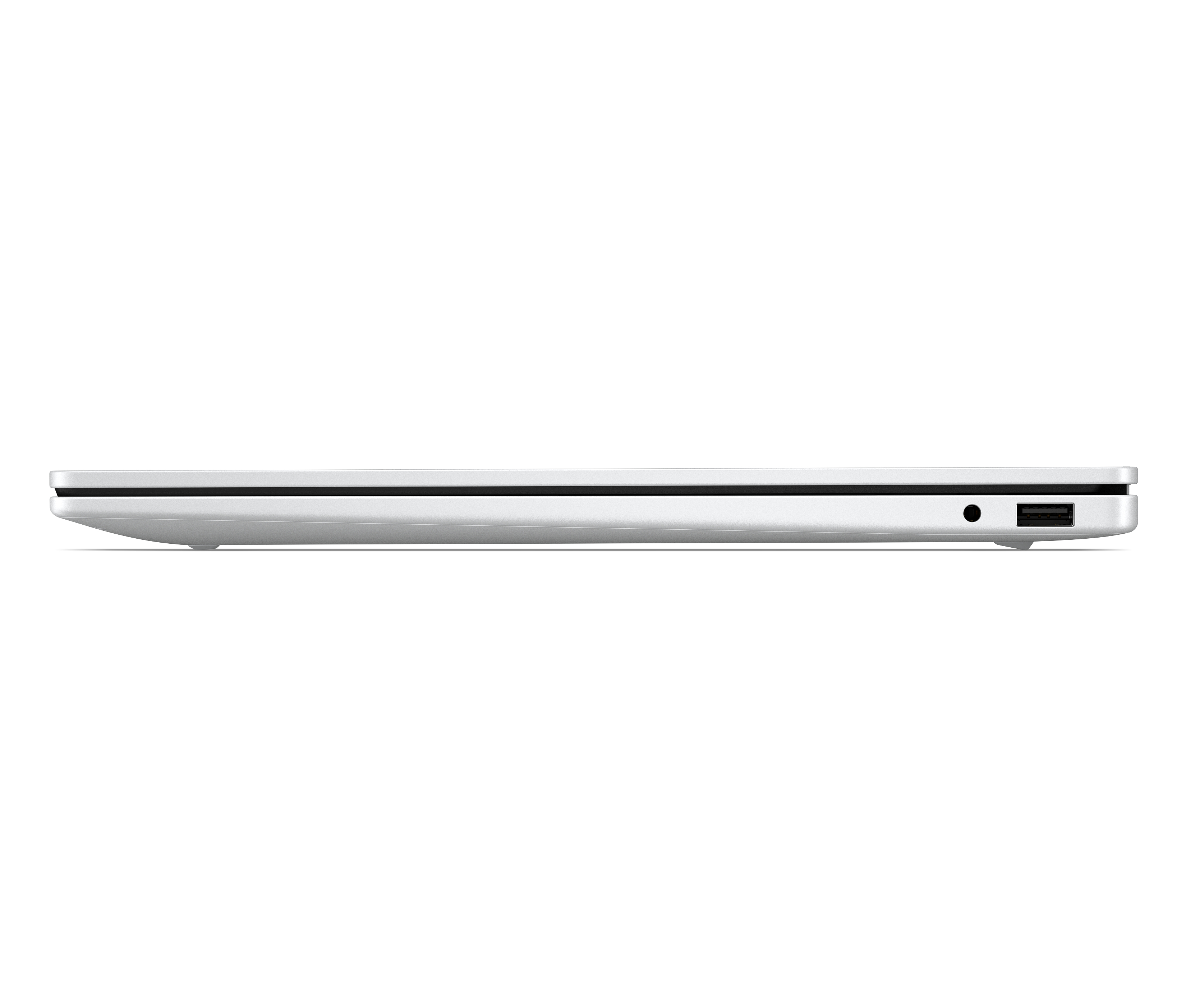 Vista laterale di un laptop bianco con porta USB e jack per cuffie.