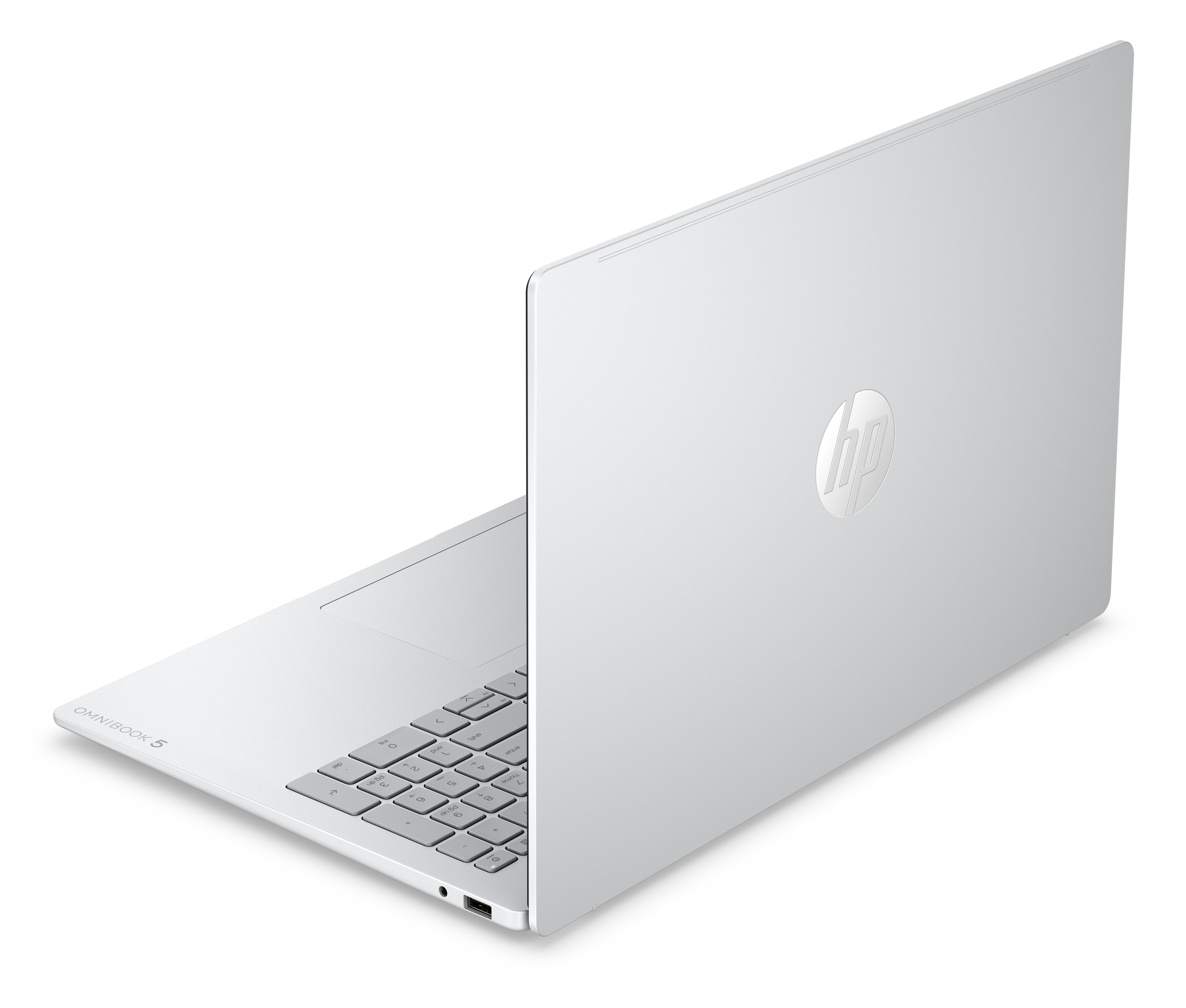 Un laptop HP Omnibook 5 argento con tastiera e logo HP.