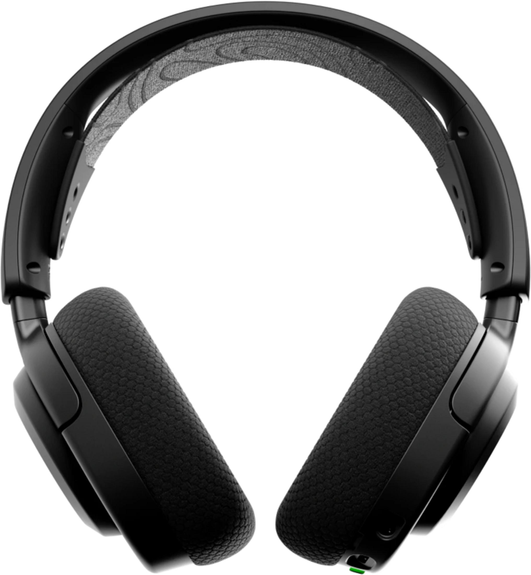 Cuffie nere over-ear con padiglioni texturizzati e archetto in tessuto. È visibile una luce verde.