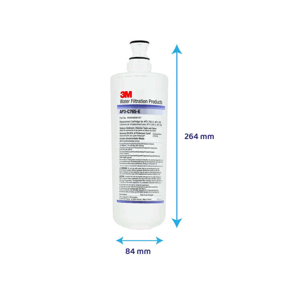 Ein weißer Wasserfilterkartusche von 3M mit Beschriftungen und Maßen von 264mm und 84mm.