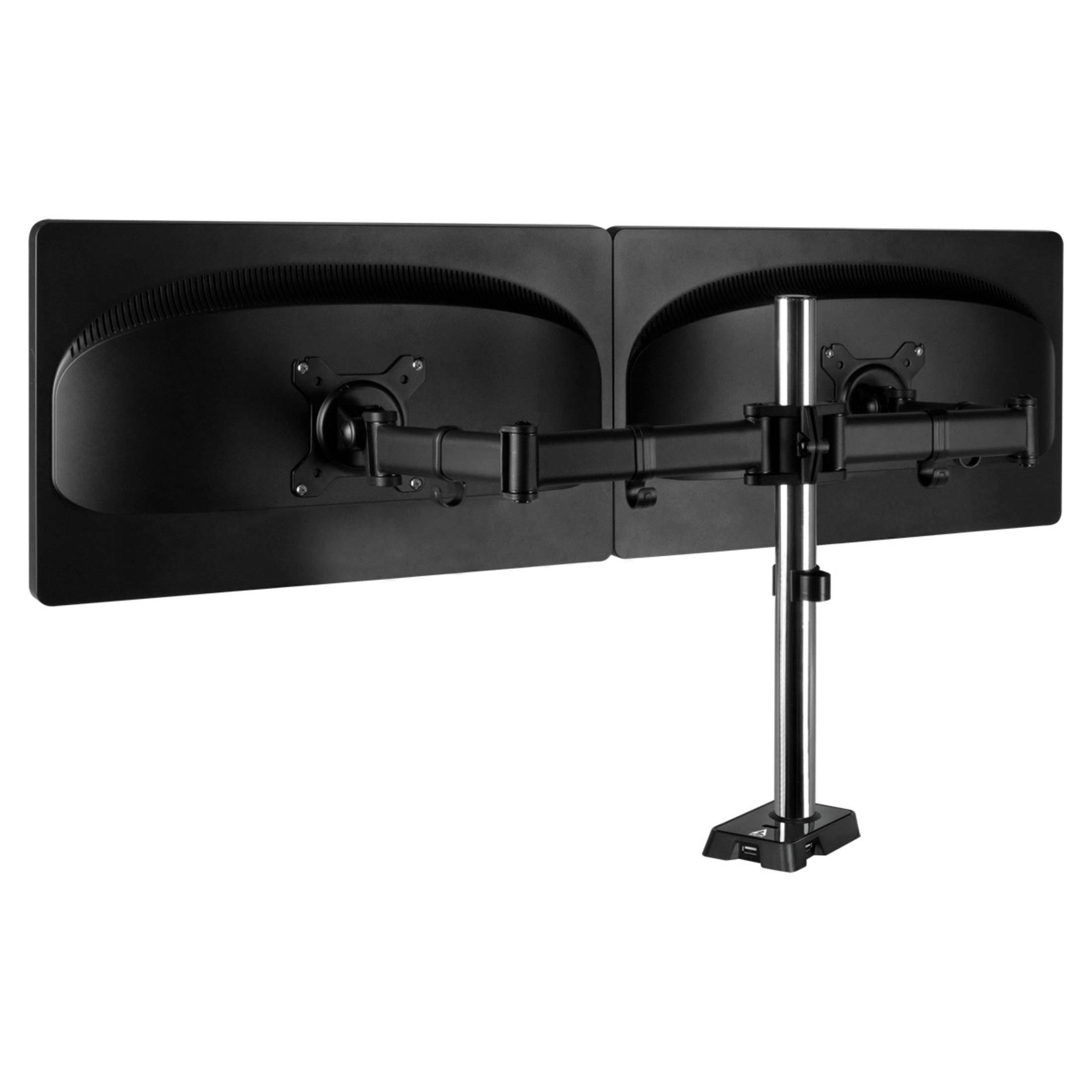 Zwei schwarze Monitore auf einem silbernen Doppelarmständer mit schwarzer Basis.