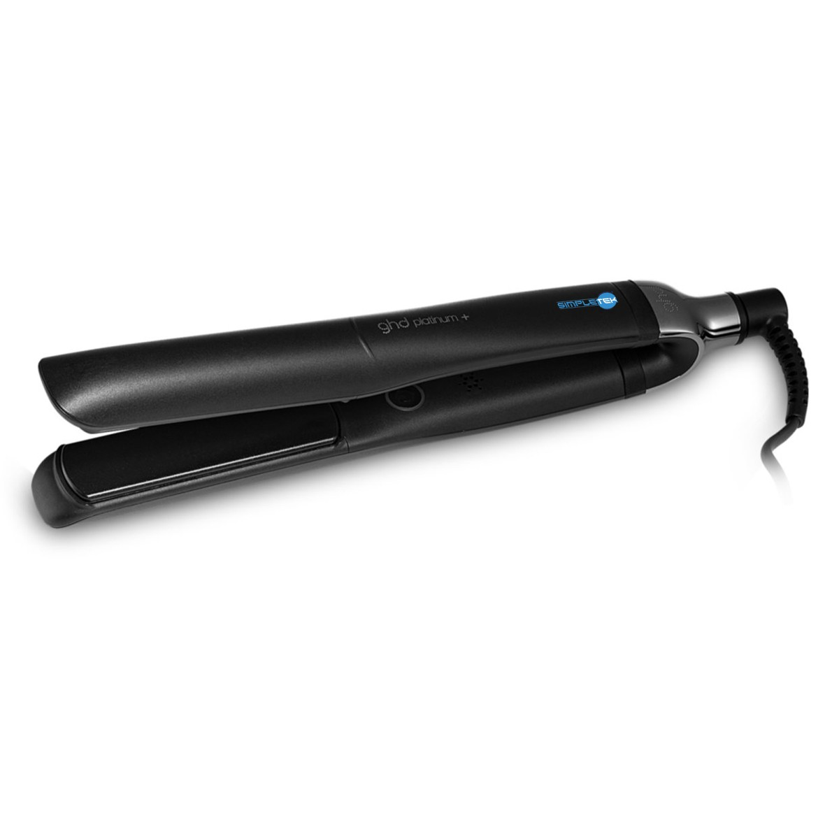 Una piastra per capelli nera con testo "ghd platinum +" e logo "SIMPLEX".