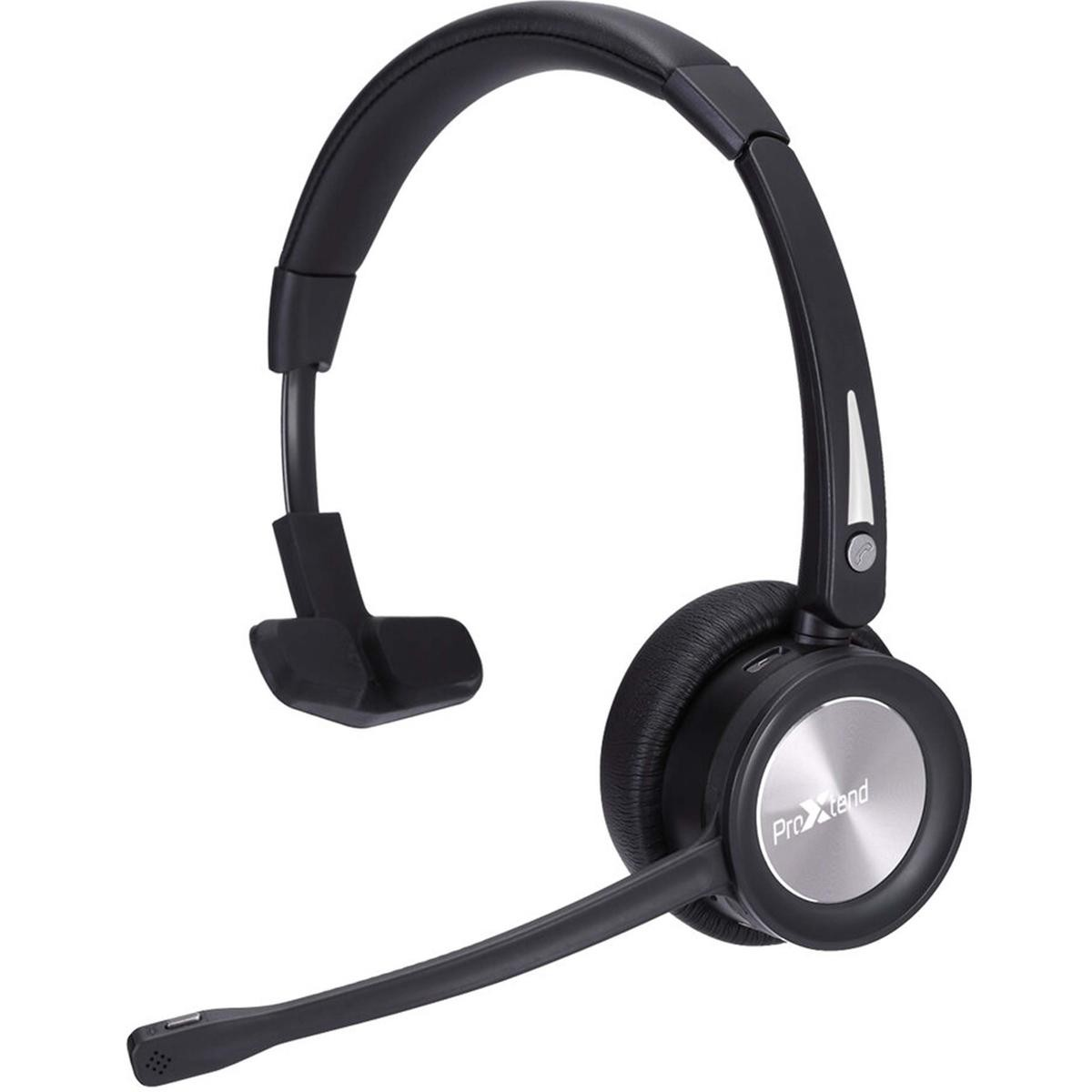 Ein schwarzes Headset mit Mikrofon und gepolstertem Ohrhörer auf weißem Hintergrund.