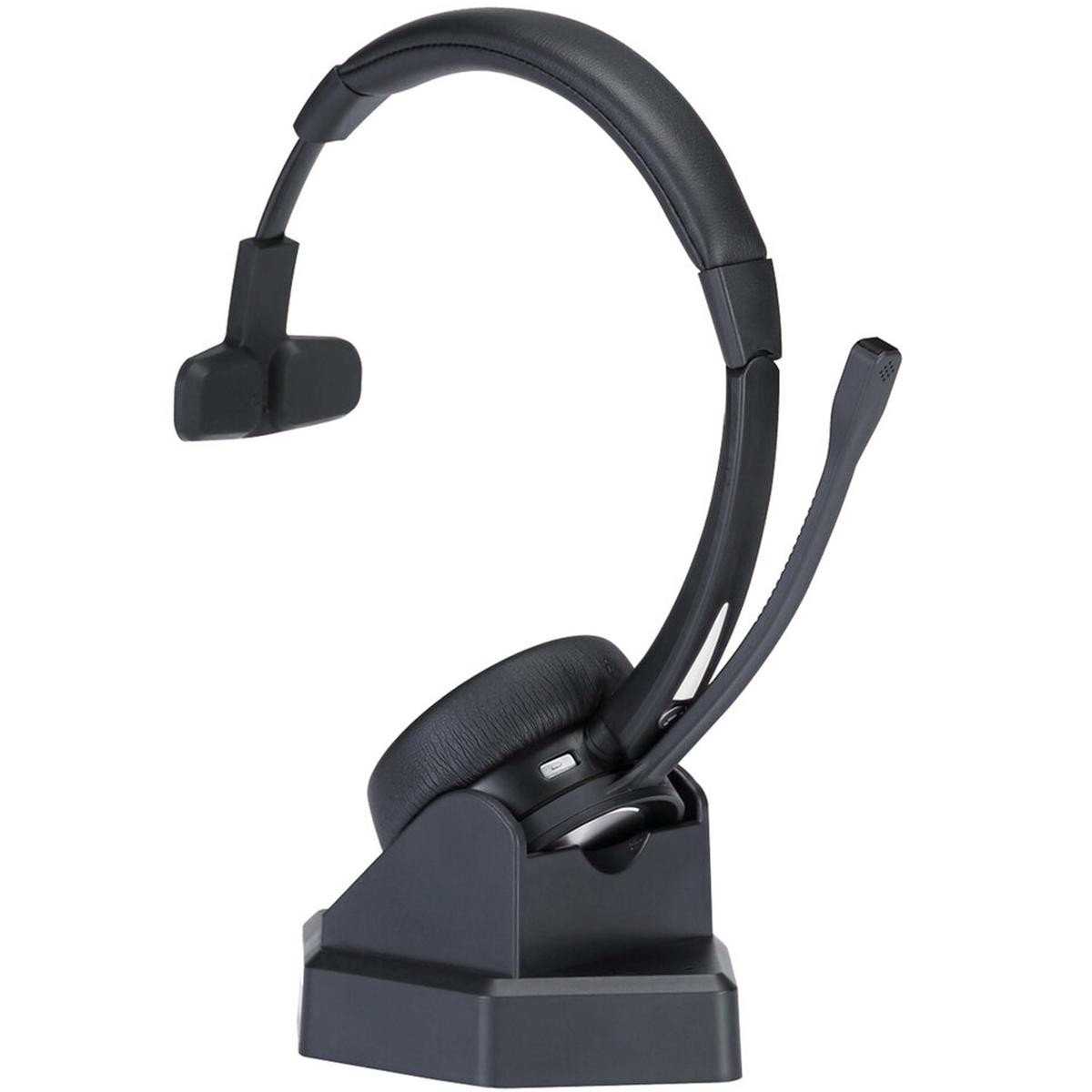 Ein schwarzes Headset mit Mikrofon steht auf einer schwarzen Ladestation.