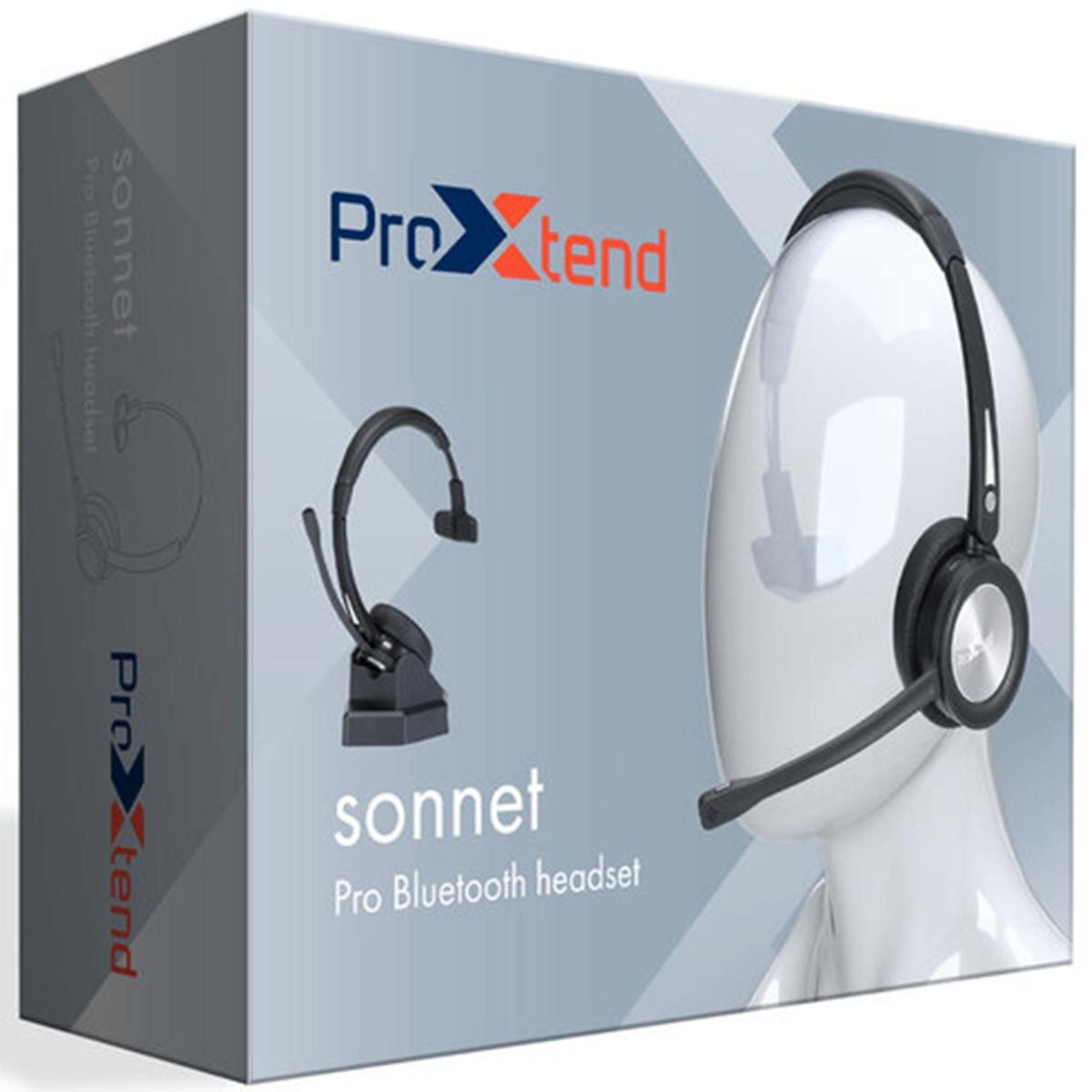 Verpackung eines schwarzen Bluetooth-Headsets mit Mikrofon auf einem Ständer.