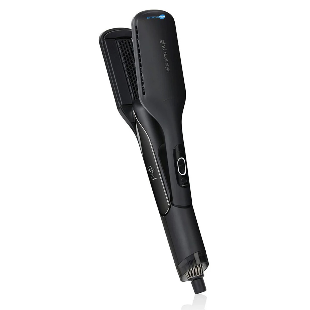 Plancha de pelo negra GHD con texto "dual style", sobre fondo blanco.