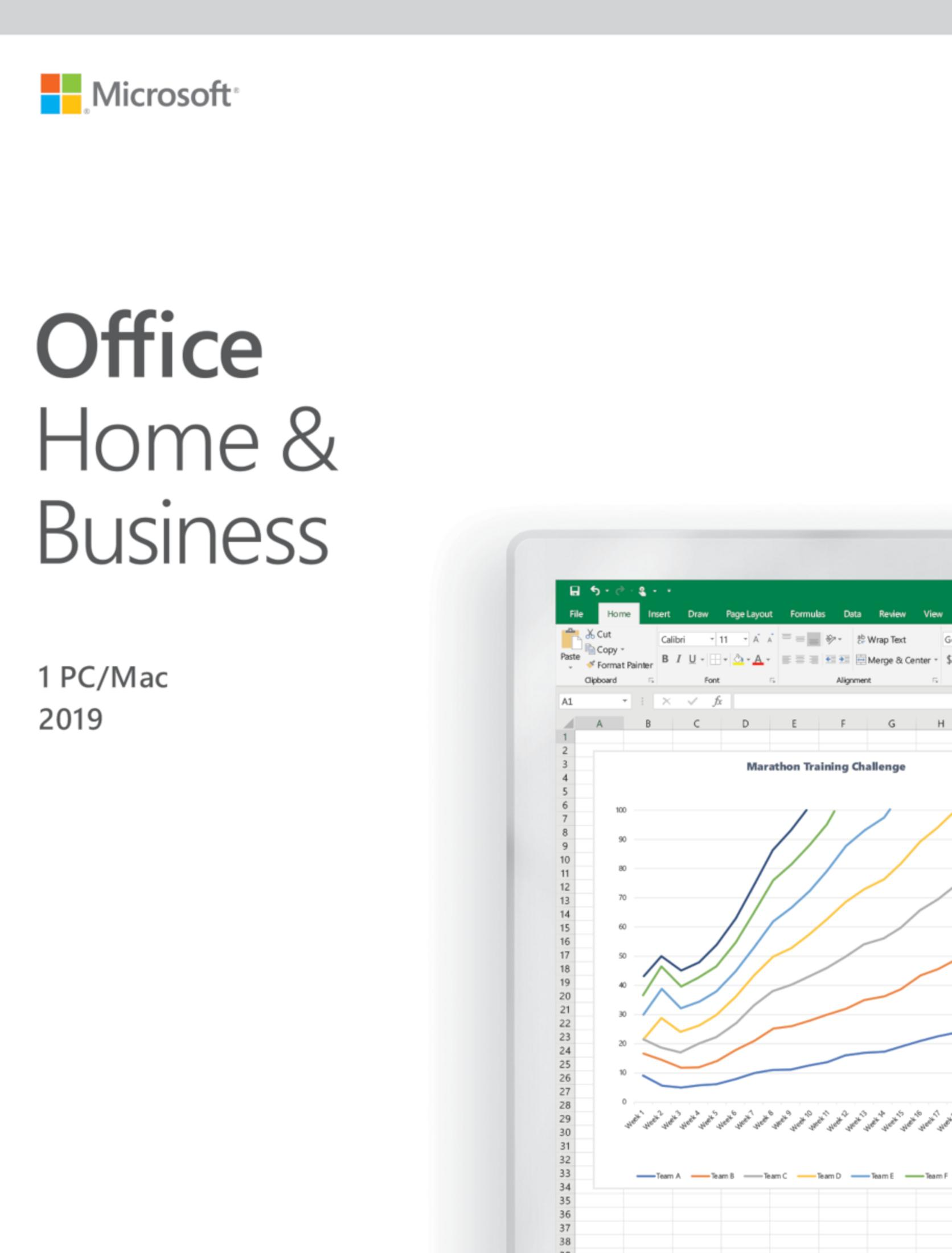 Microsoft Office Home & Business 2019, con un foglio di calcolo che mostra i progressi dell'allenamento per la maratona.