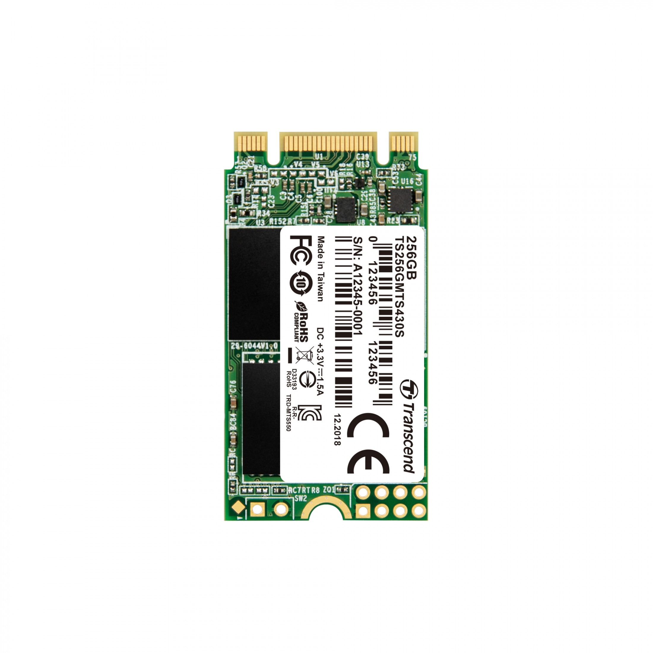 Un SSD M.2 verde con connettori ed etichette dorate.