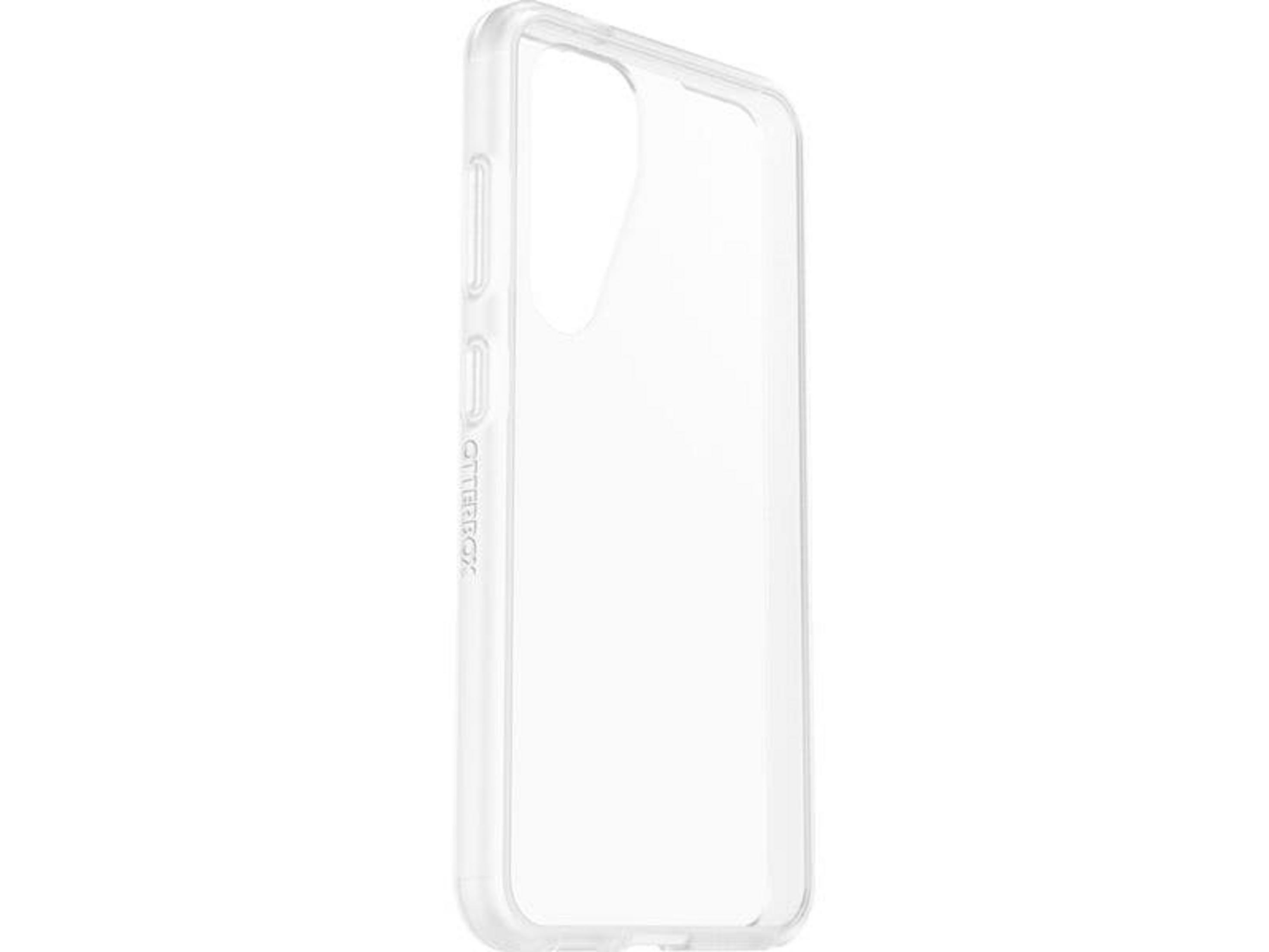 Una custodia trasparente per telefono con logo Otterbox, posizionata a destra.