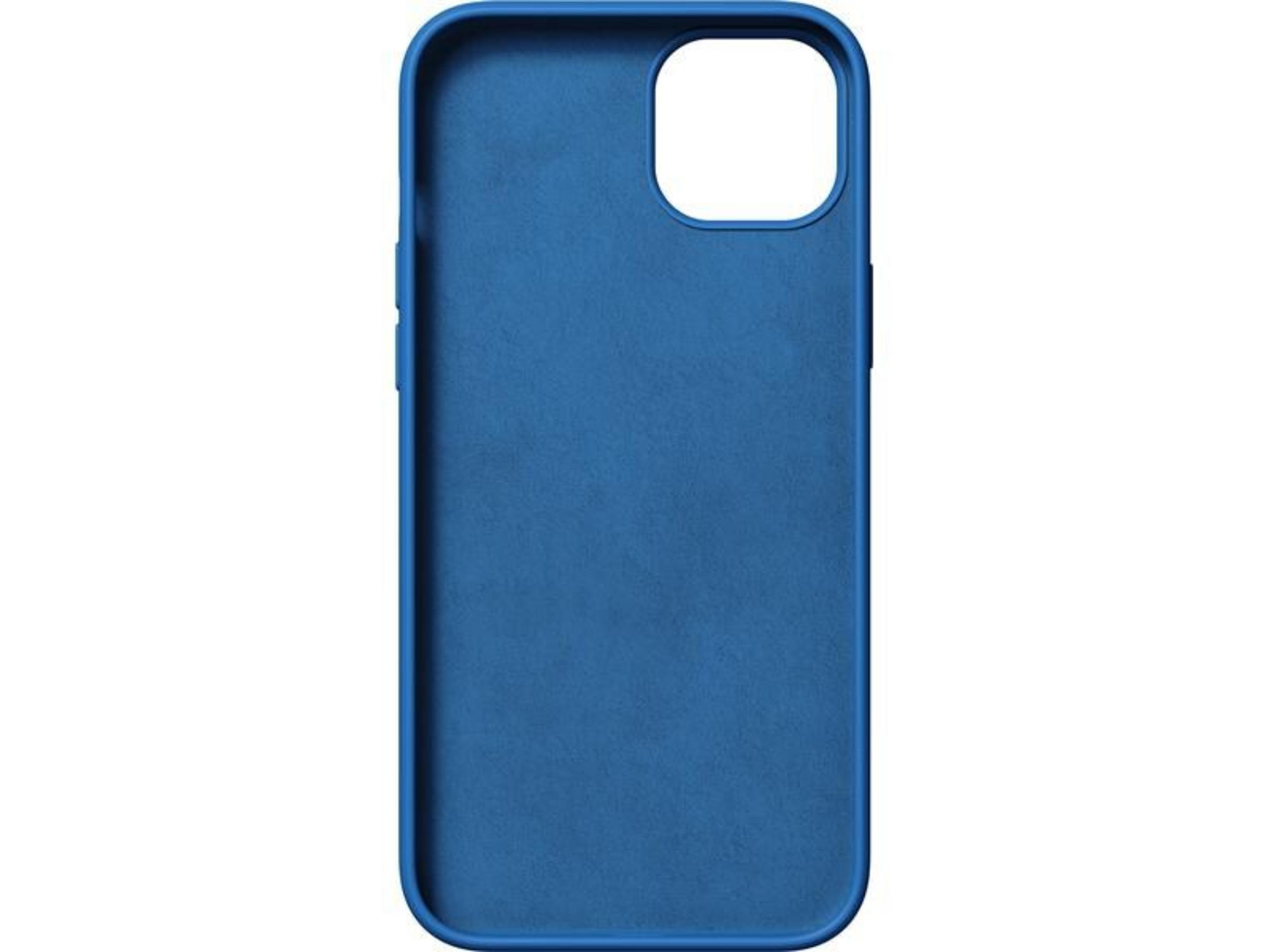 Eine Ganzaufnahme von oben zeigt eine blaue Silikon-Handyhülle mit Aussparungen für Kamera und Tasten vor weißem Hintergrund.