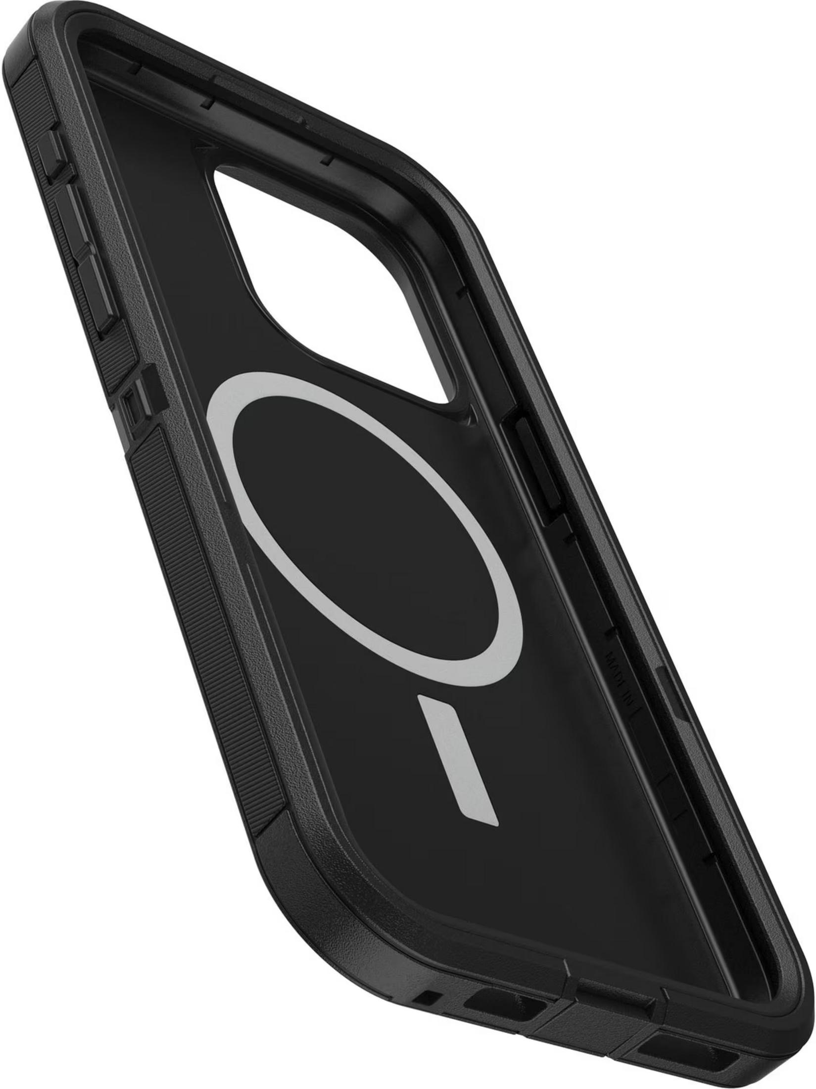 Custodia nera per telefono con anello magnetico e pulsanti.