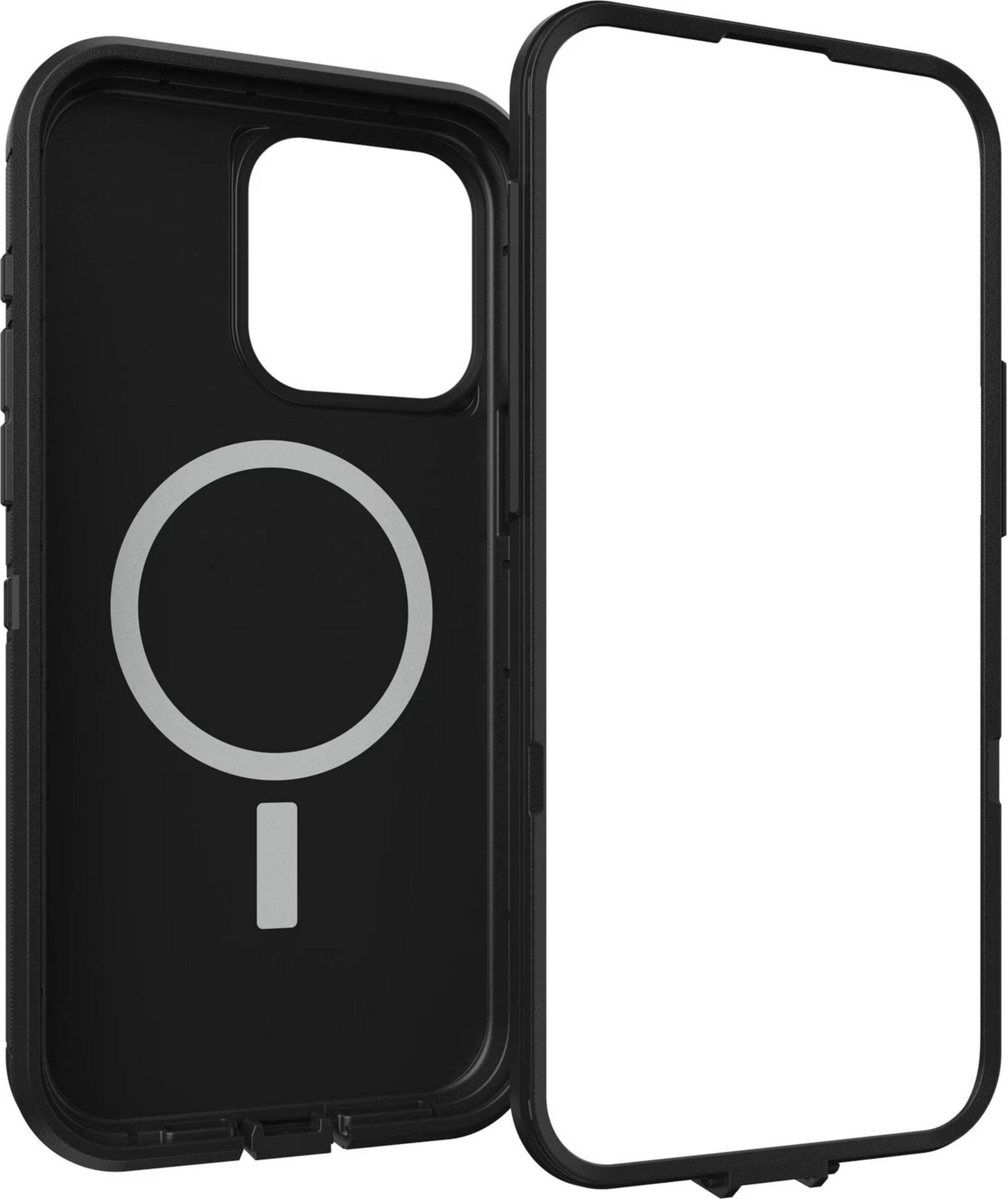 Custodia nera per telefono con ritaglio circolare e indicatore di carica.