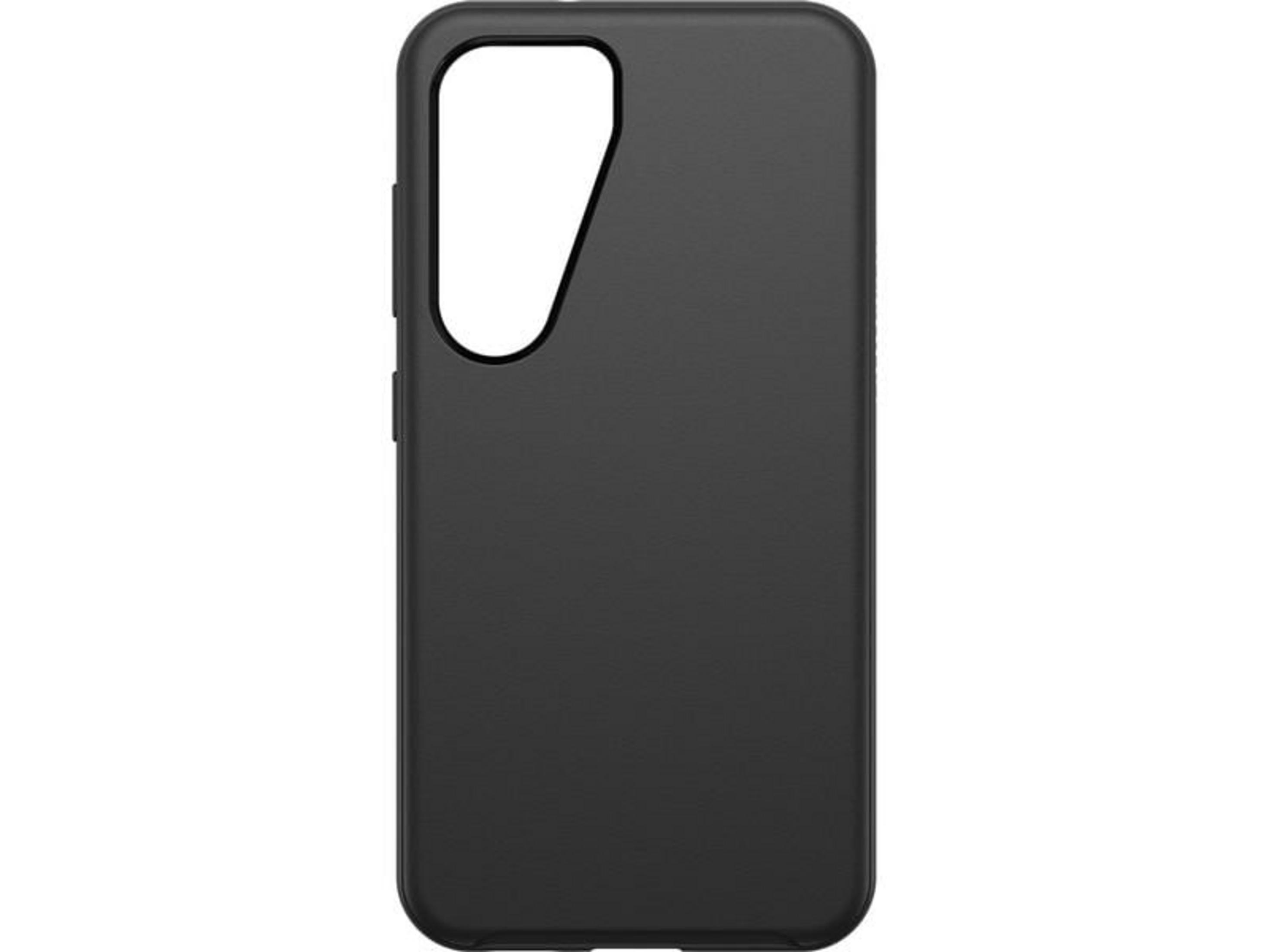 Zwarte telefoonhoes met rechthoekige uitsparing bovenaan.