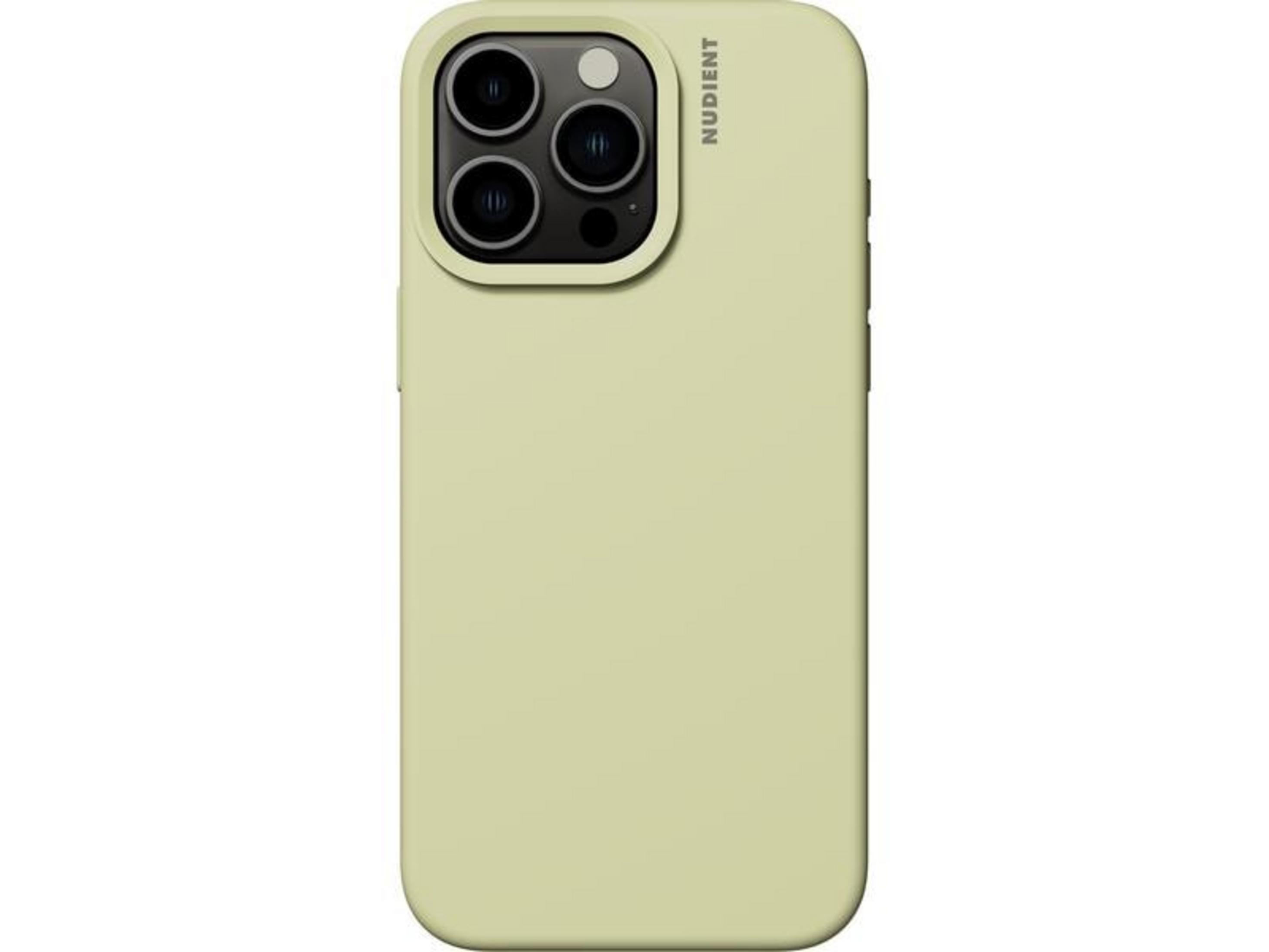 Jasnozielone etui na iPhone z trzema aparatami i logo NUDIENT.