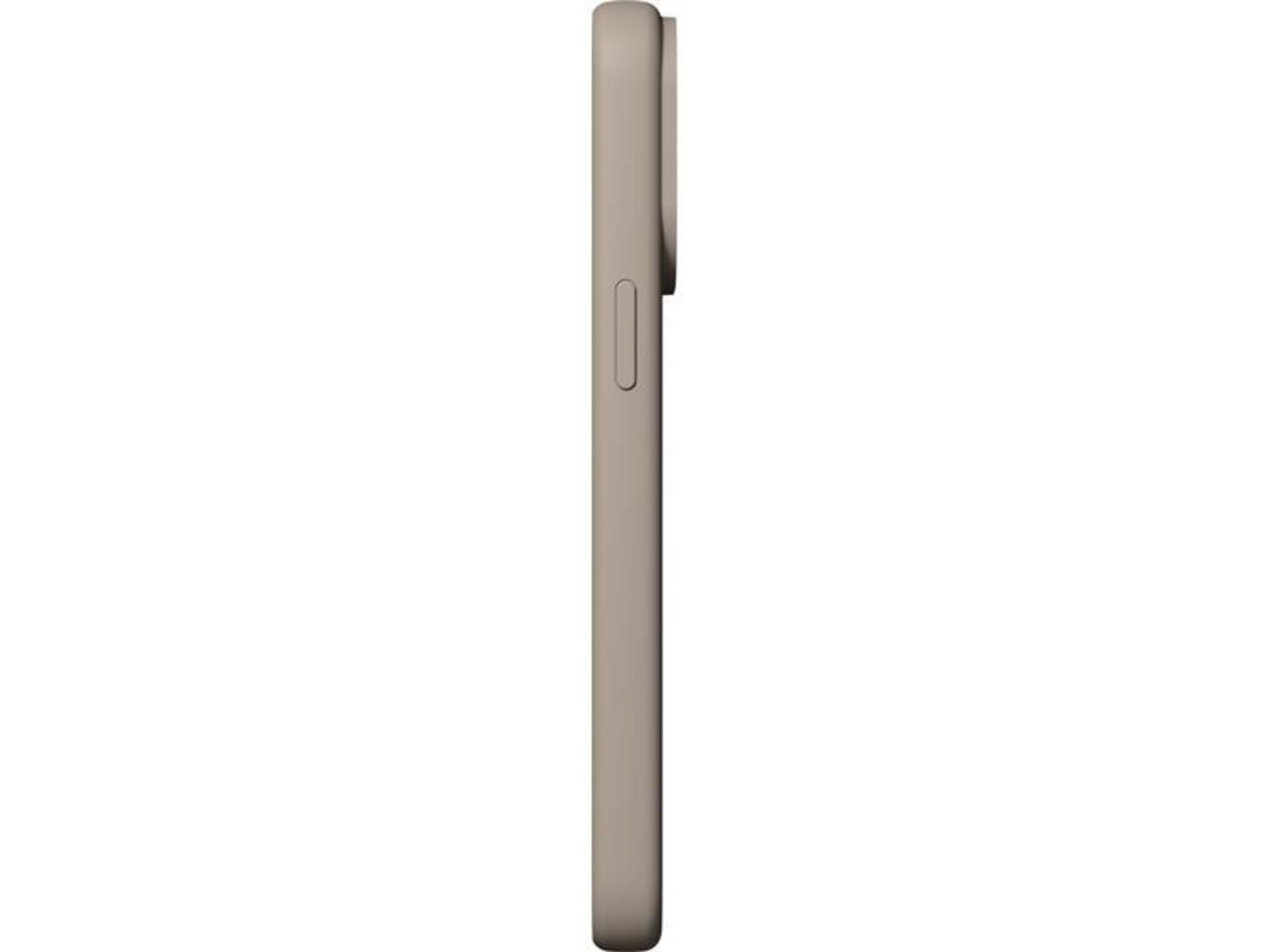Een grijze telefoonhoes met afgeronde randen, van de zijkant gezien.