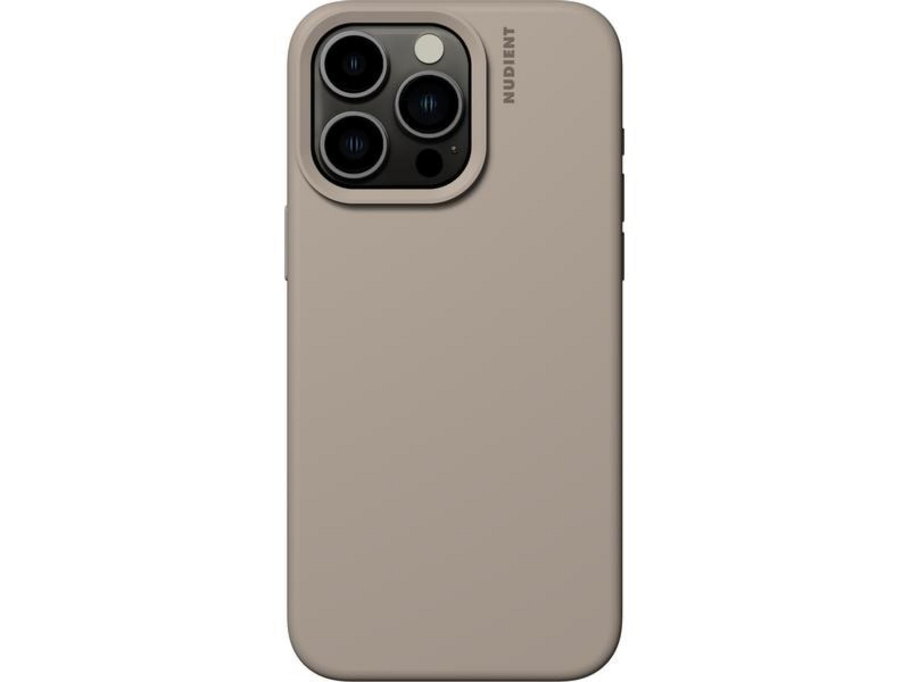 Een eenvoudige, beige smartphonehoes met drie cameralenzen.