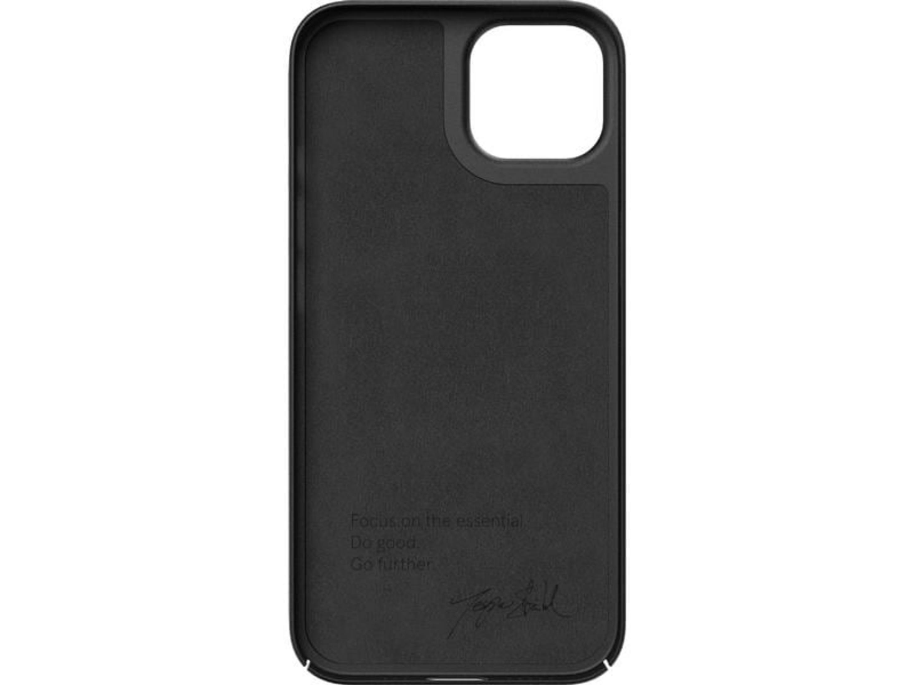 Coque de téléphone noire avec texte et signature à l'intérieur.