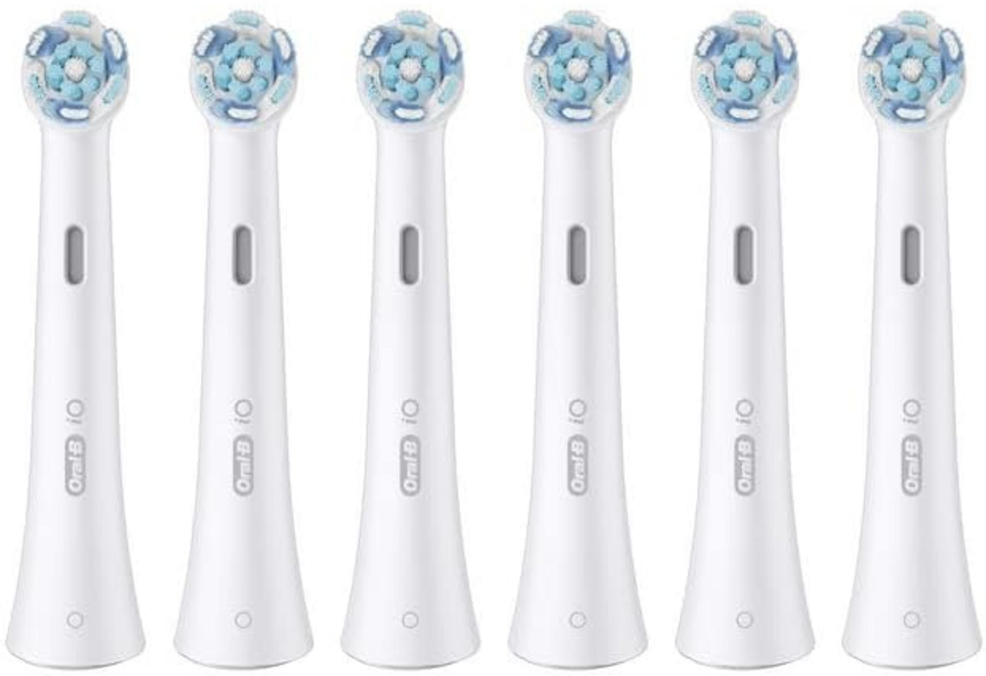 Seis cabezales de cepillo Oral-B iO blancos con cerdas azules uno al lado del otro.
