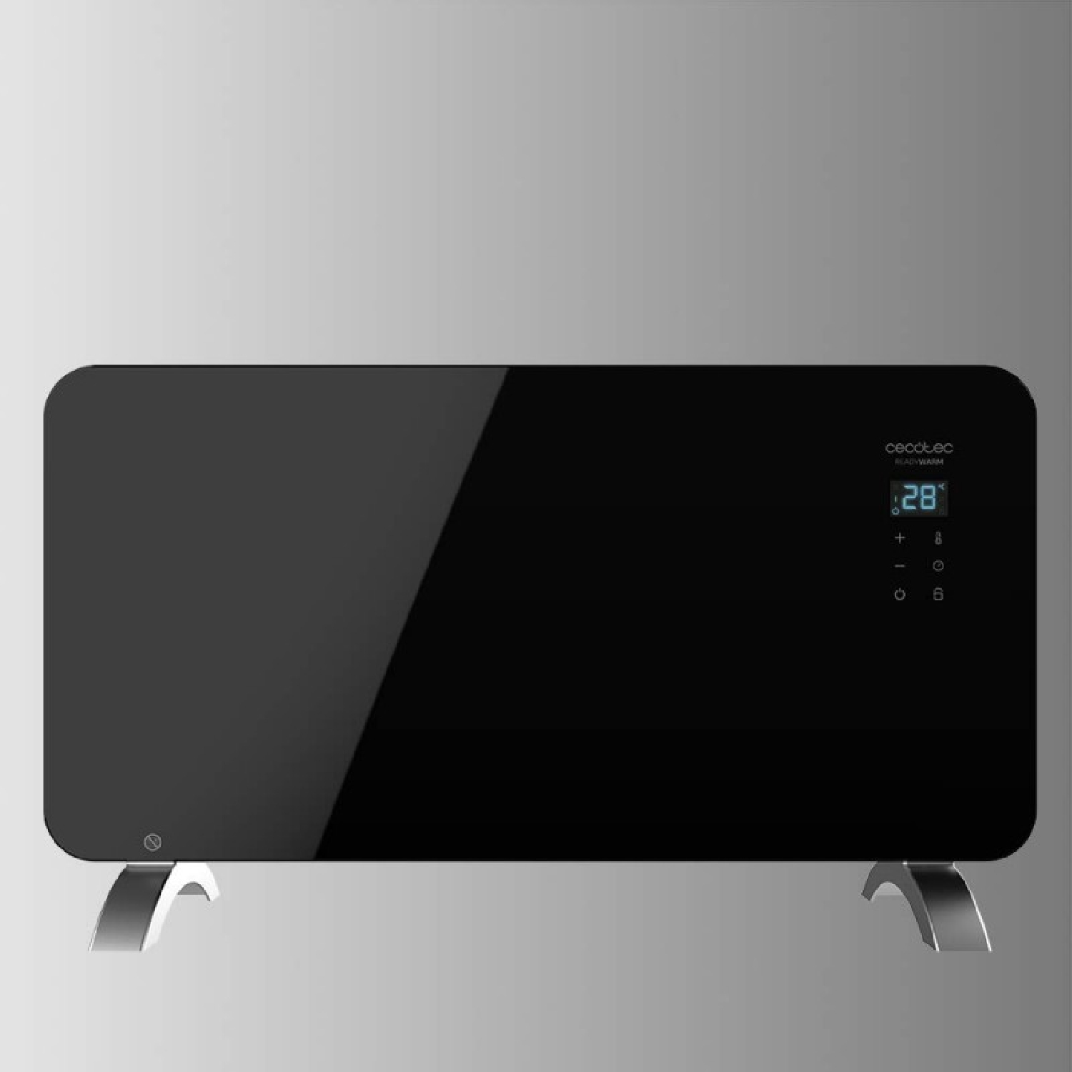 Czarny grzejnik elektryczny z cyfrowym wyświetlaczem na srebrnych nóżkach.