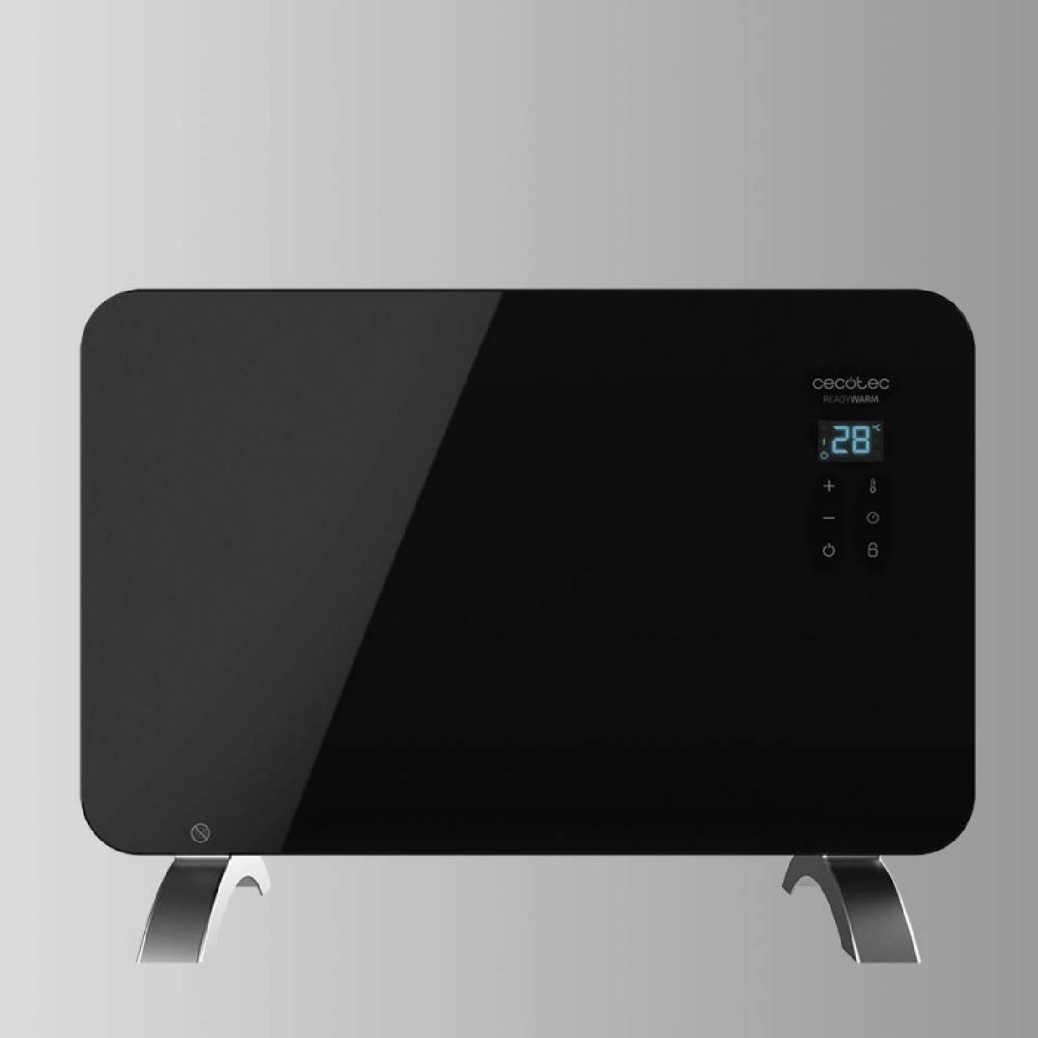 Czarny grzejnik konwektorowy z cyfrowym wyświetlaczem na srebrnych nogach.