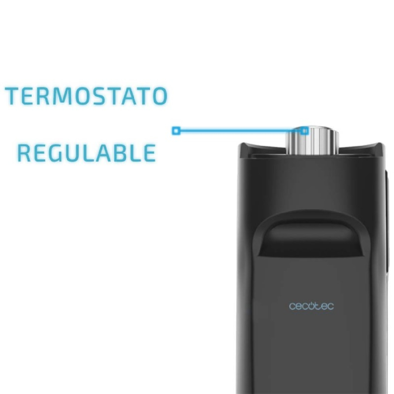 Zwart apparaat met regelbare thermostaat. Tekst: Termostato Regulable.