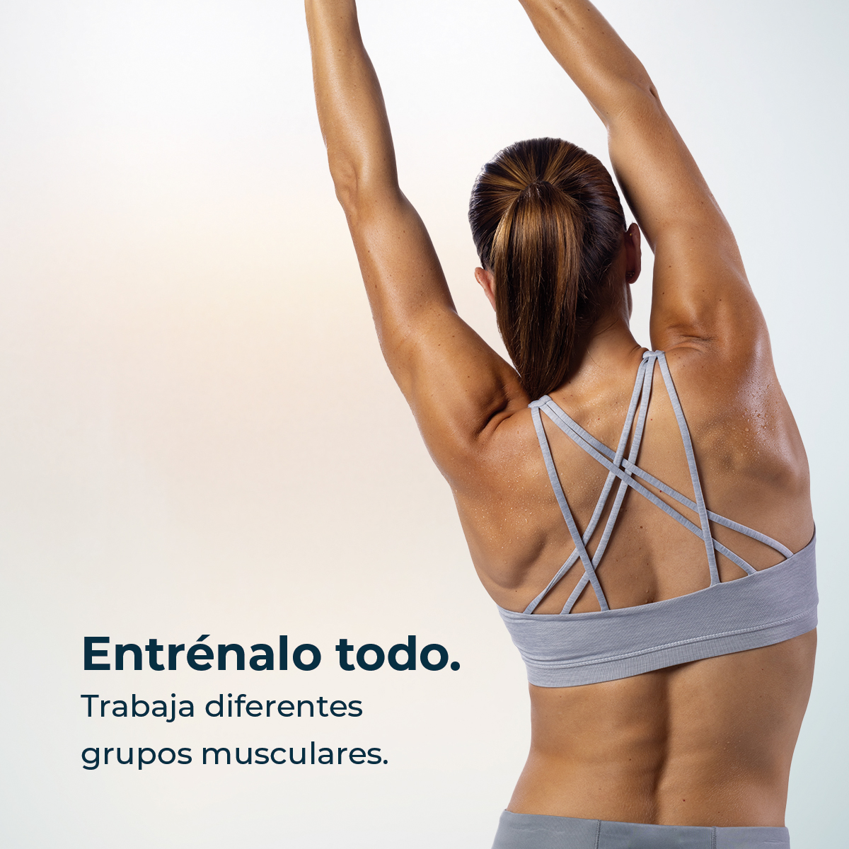 Donna che si allunga la schiena con le braccia alzate. Reggiseno sportivo grigio.