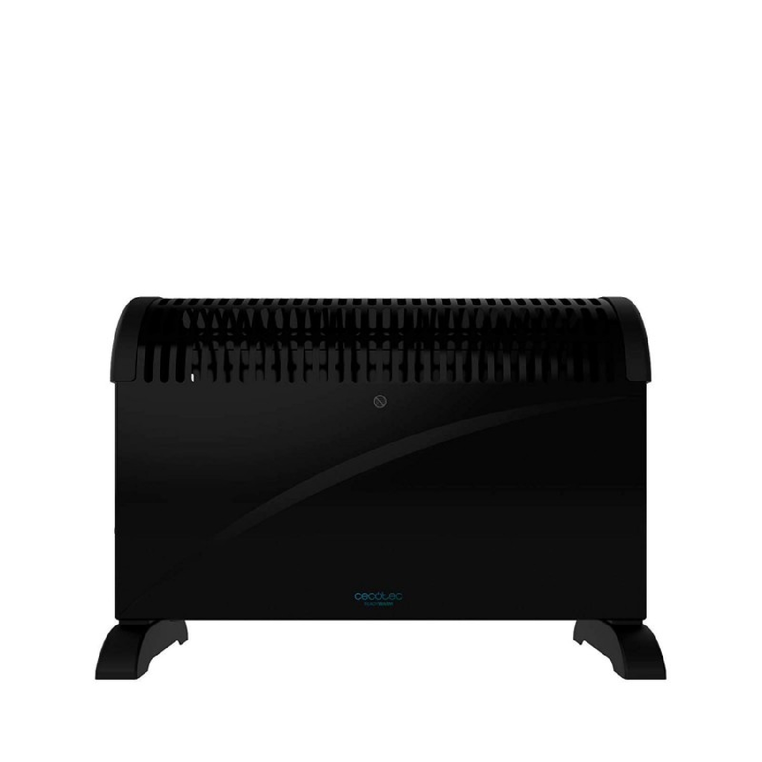 Un radiador negro y rectangular con rejillas de ventilación arriba y dos pies abajo.