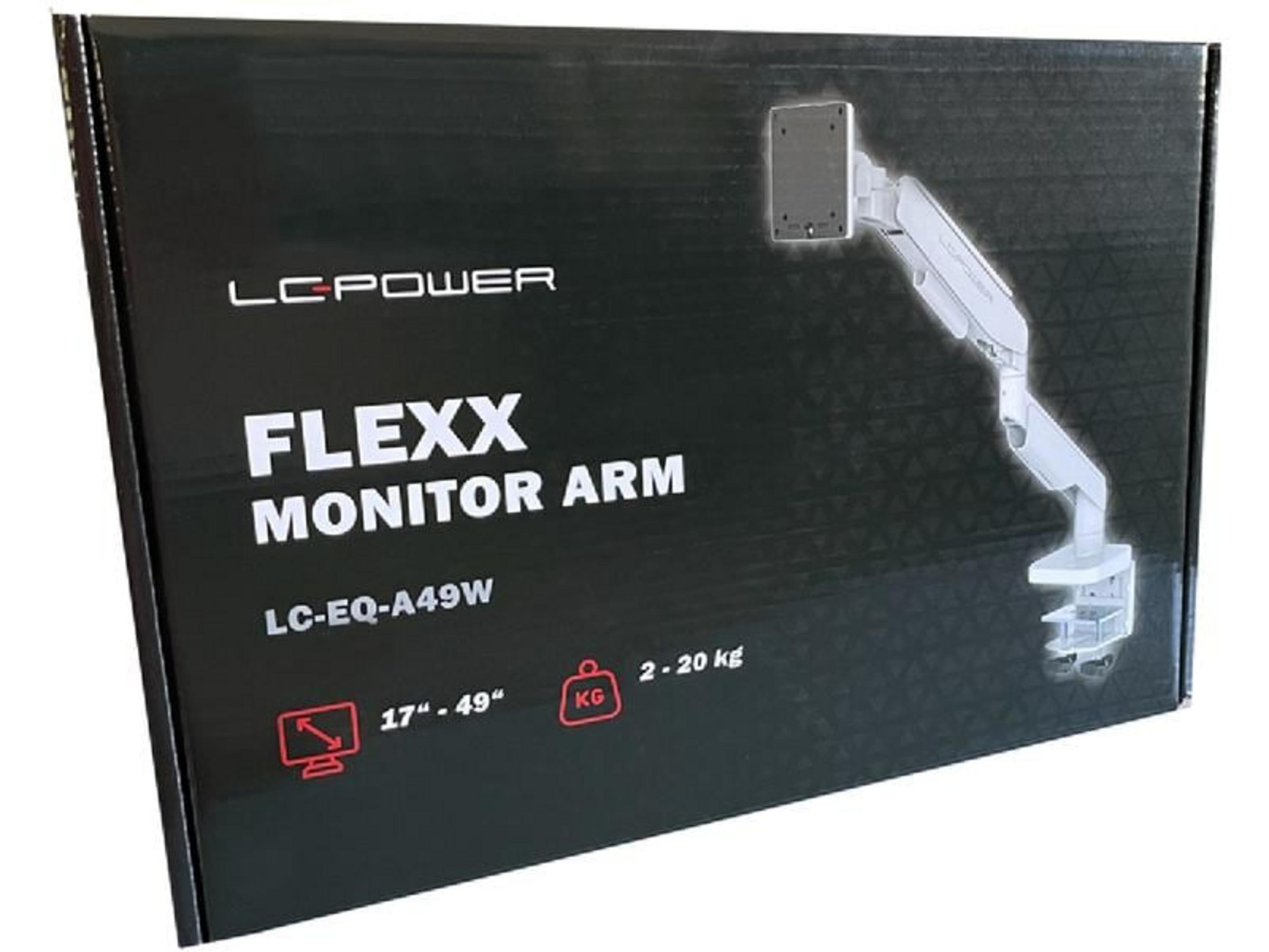 Verpackung für einen weißen Monitorarm, der bis zu 20 kg trägt.