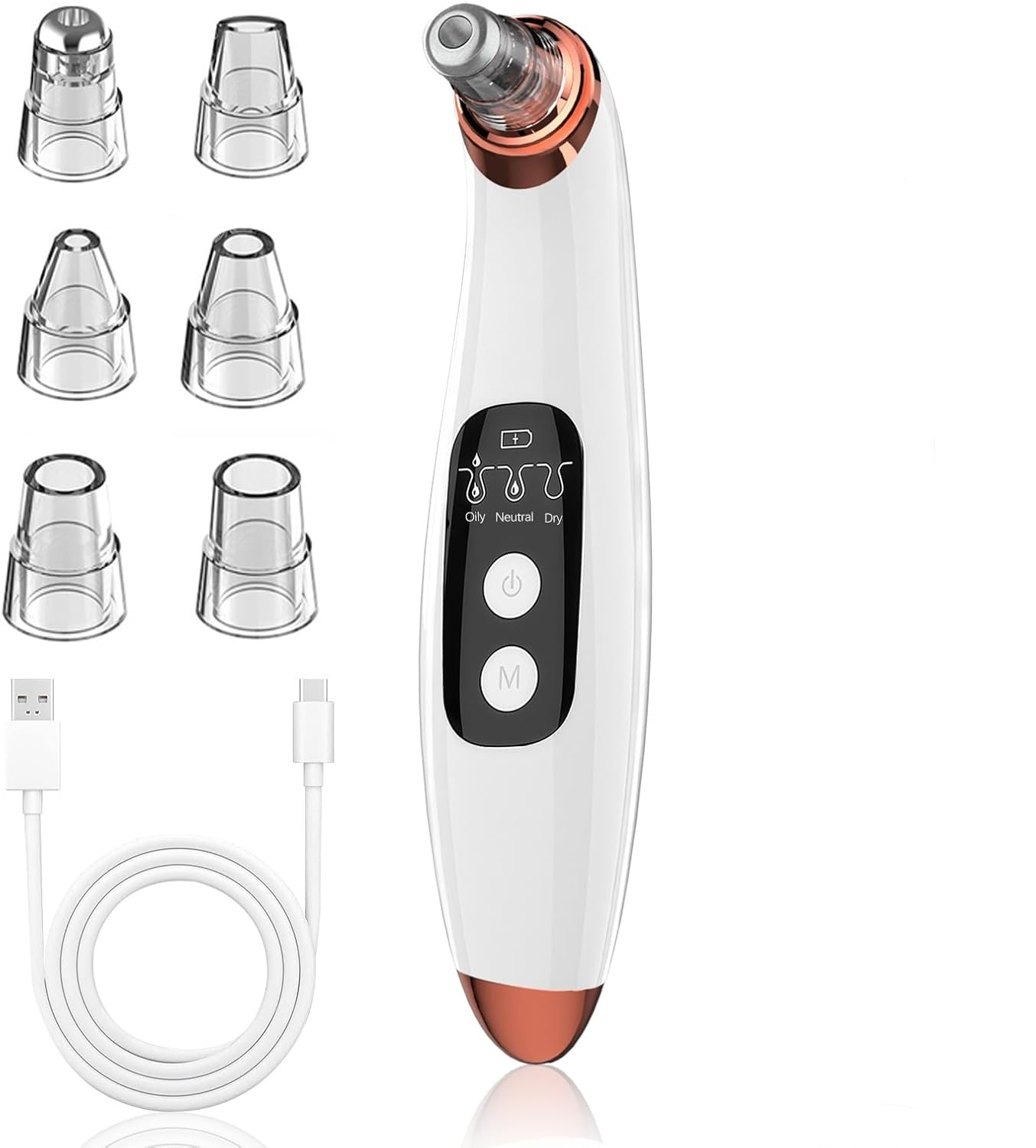 Weißer elektrischer Poren-Sauger mit mehreren Aufsätzen und USB-Ladekabel.