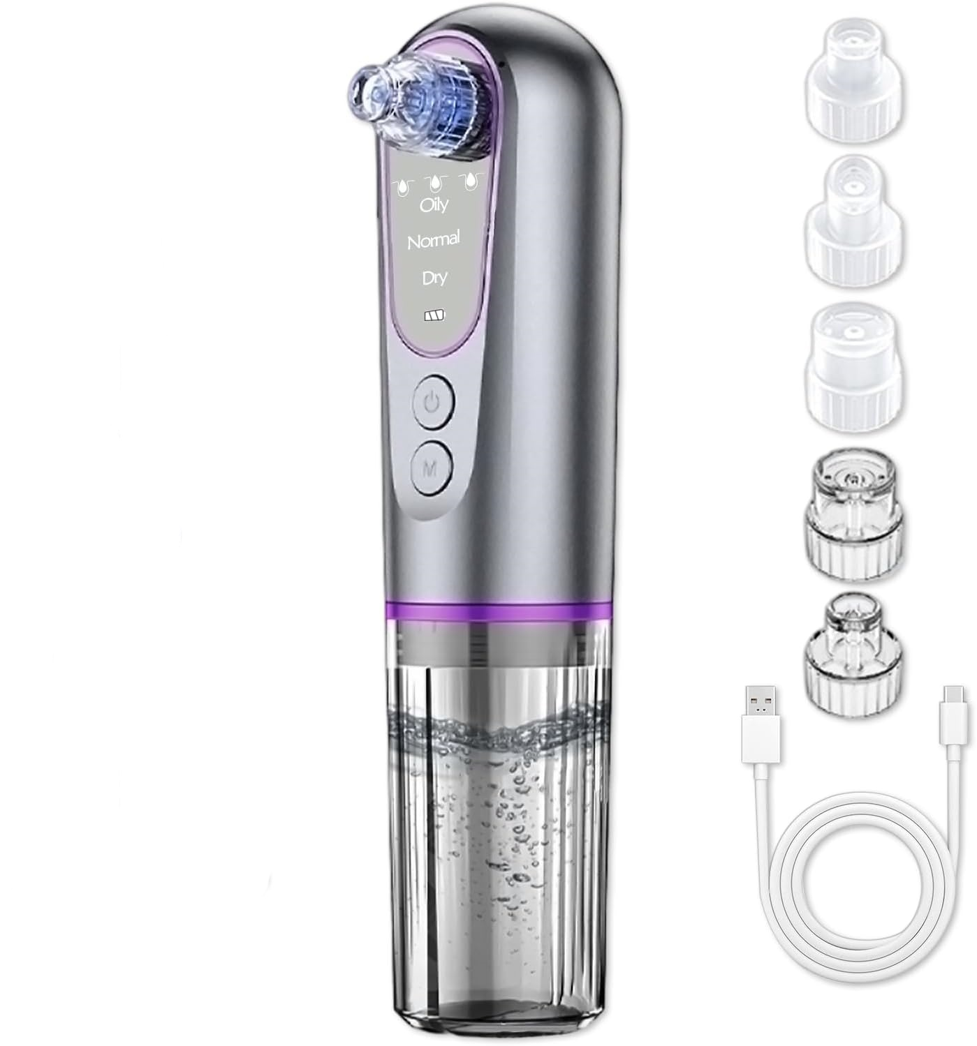 Silberner Poren-Sauger mit durchsichtigem Reservoir, Digitalanzeige und USB-Ladekabel.