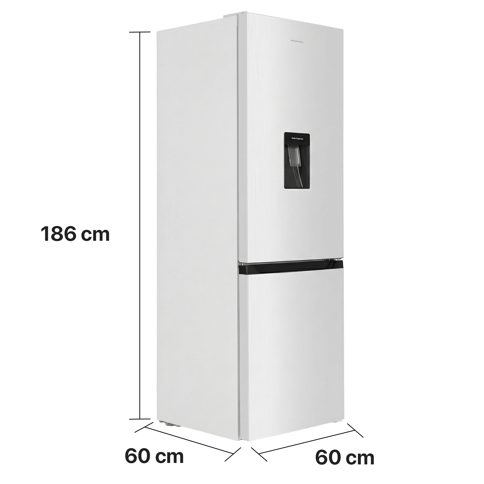 Witte koelkast, 186cm hoog, 60cm breed en 60cm diep, met waterdispenser.