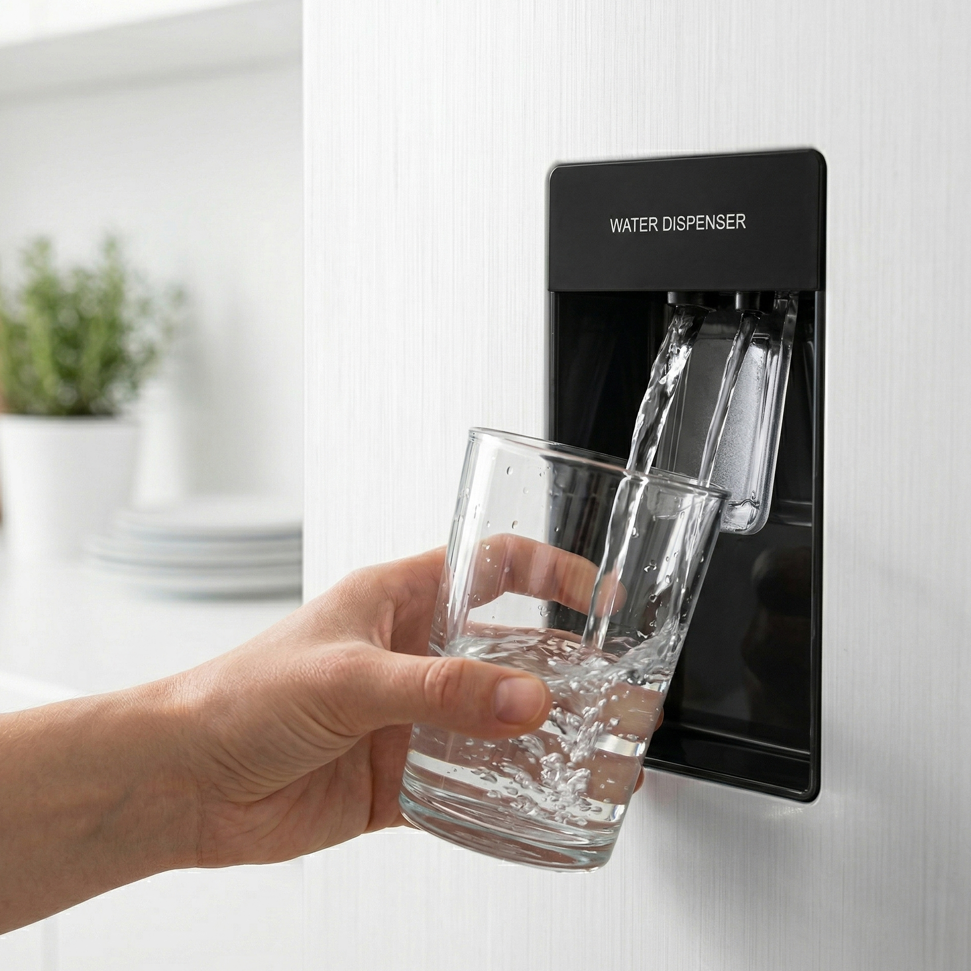 Water stroomt uit een dispenser in een glas dat door een hand wordt vastgehouden.