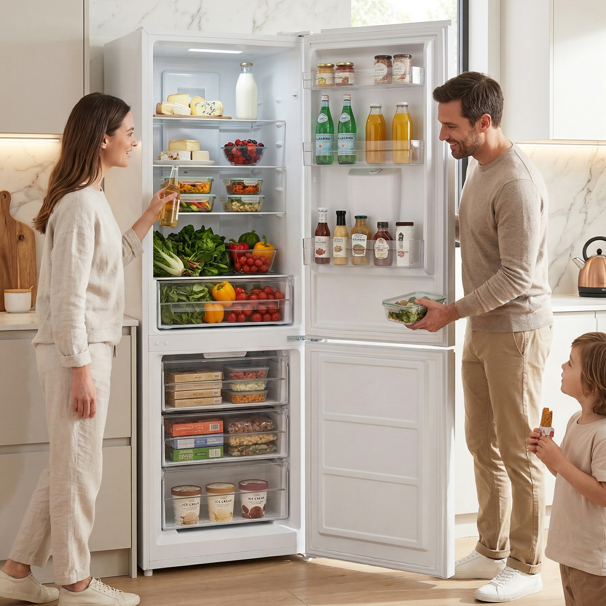 Familie voor een open koelkast vol met eten en drinken.