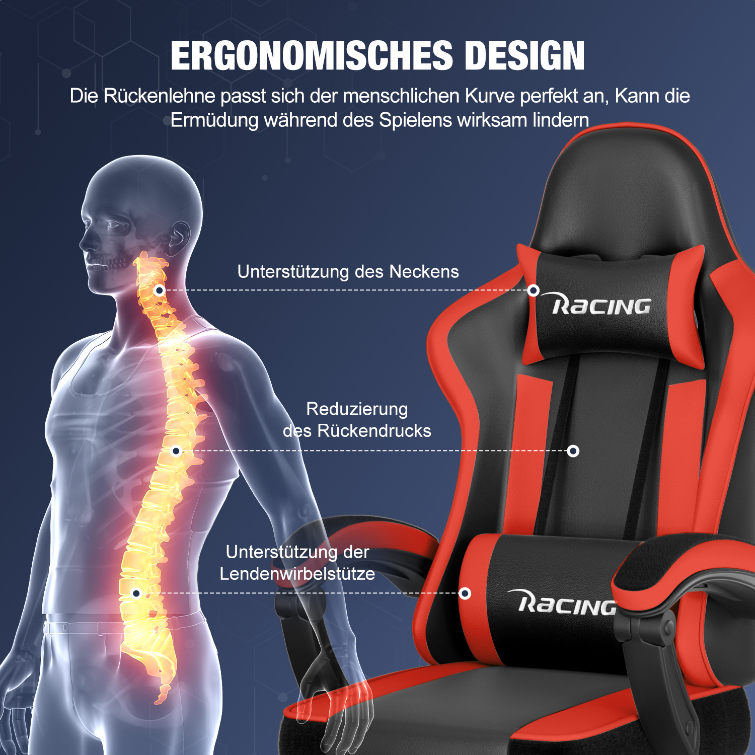 Ergonomisches Design: Menschliche Wirbelsäule und roter/schwarzer Gaming-Stuhl.