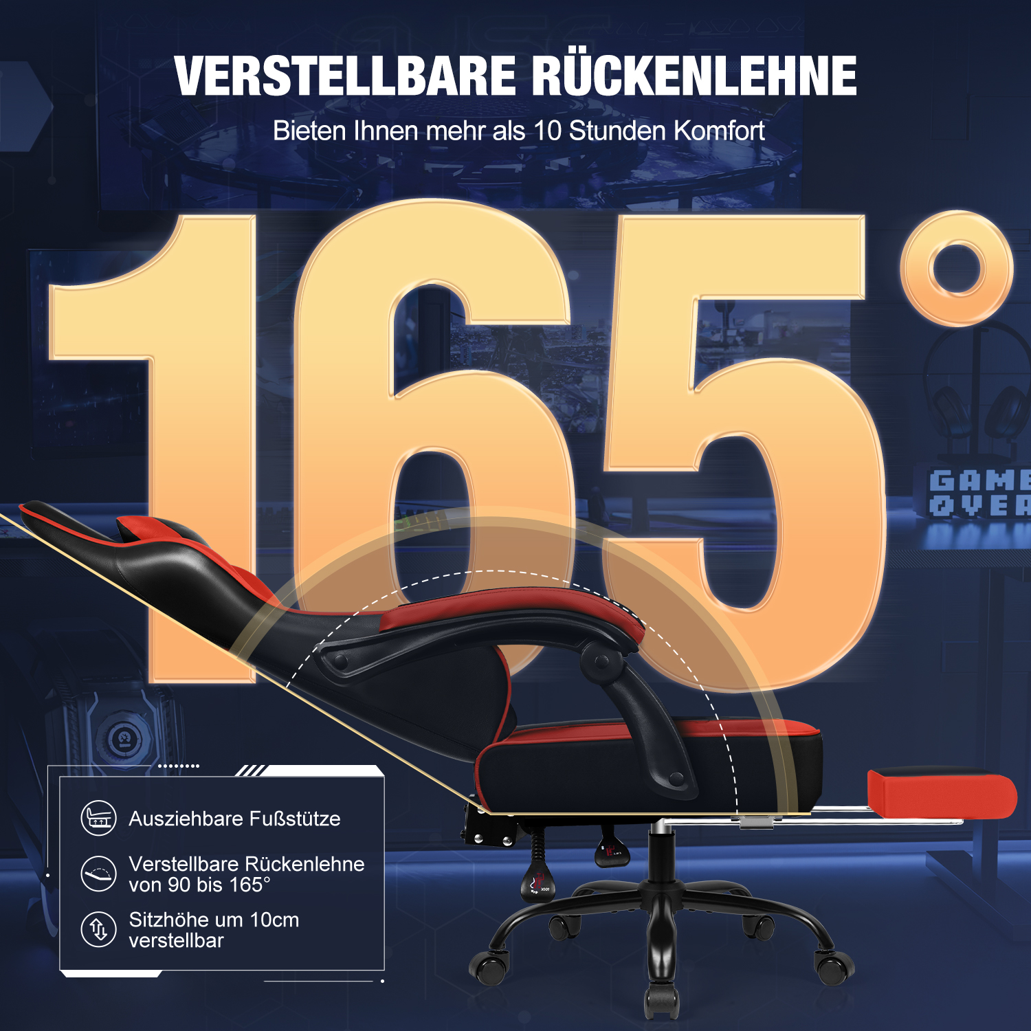 Schwarzer und roter Gaming-Stuhl mit ausziehbarer Fußstütze und 165° verstellbarer Rückenlehne.