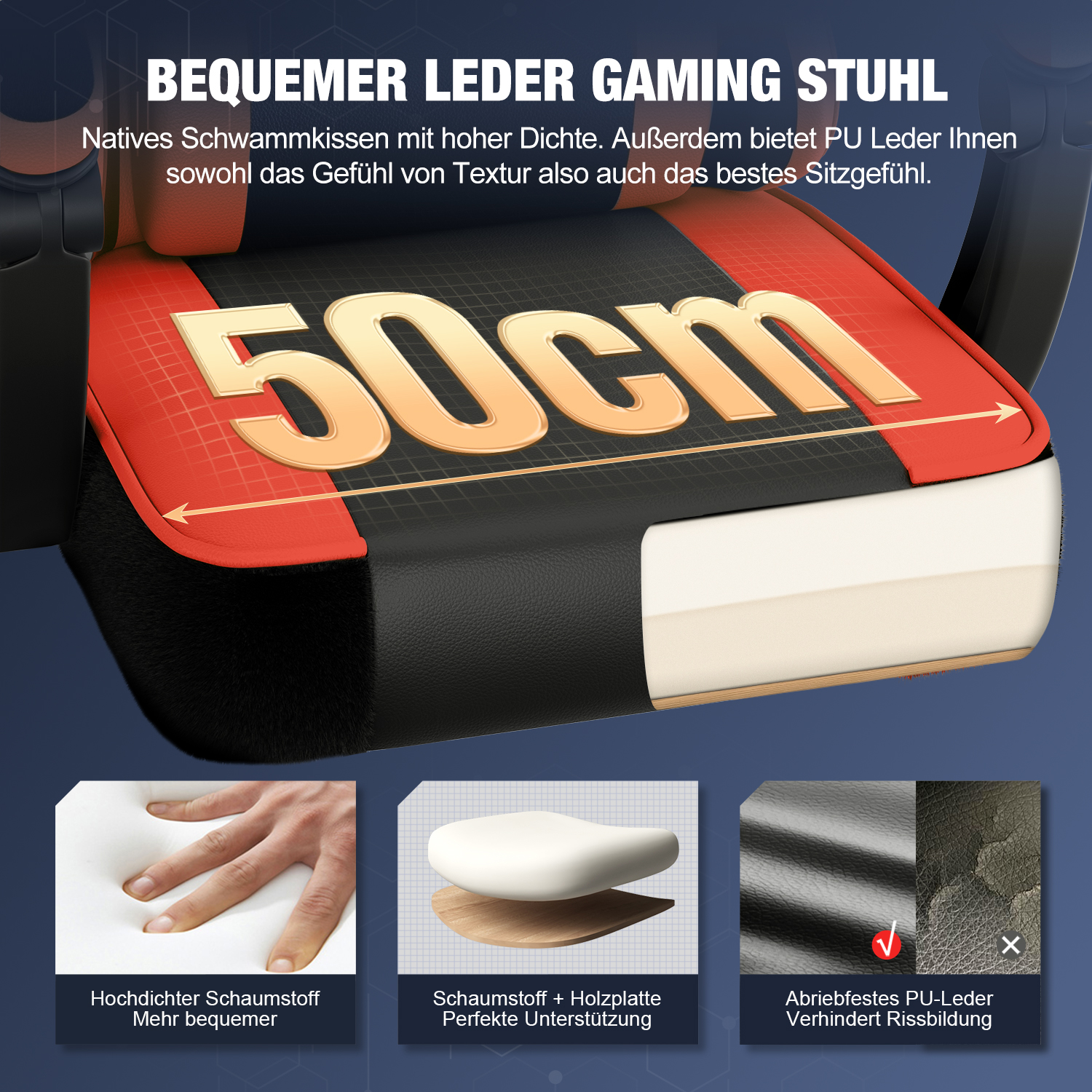 Gaming-Stuhl aus Leder mit 50cm Sitzbreite, Schaumstoff-Kissen und PU-Leder.
