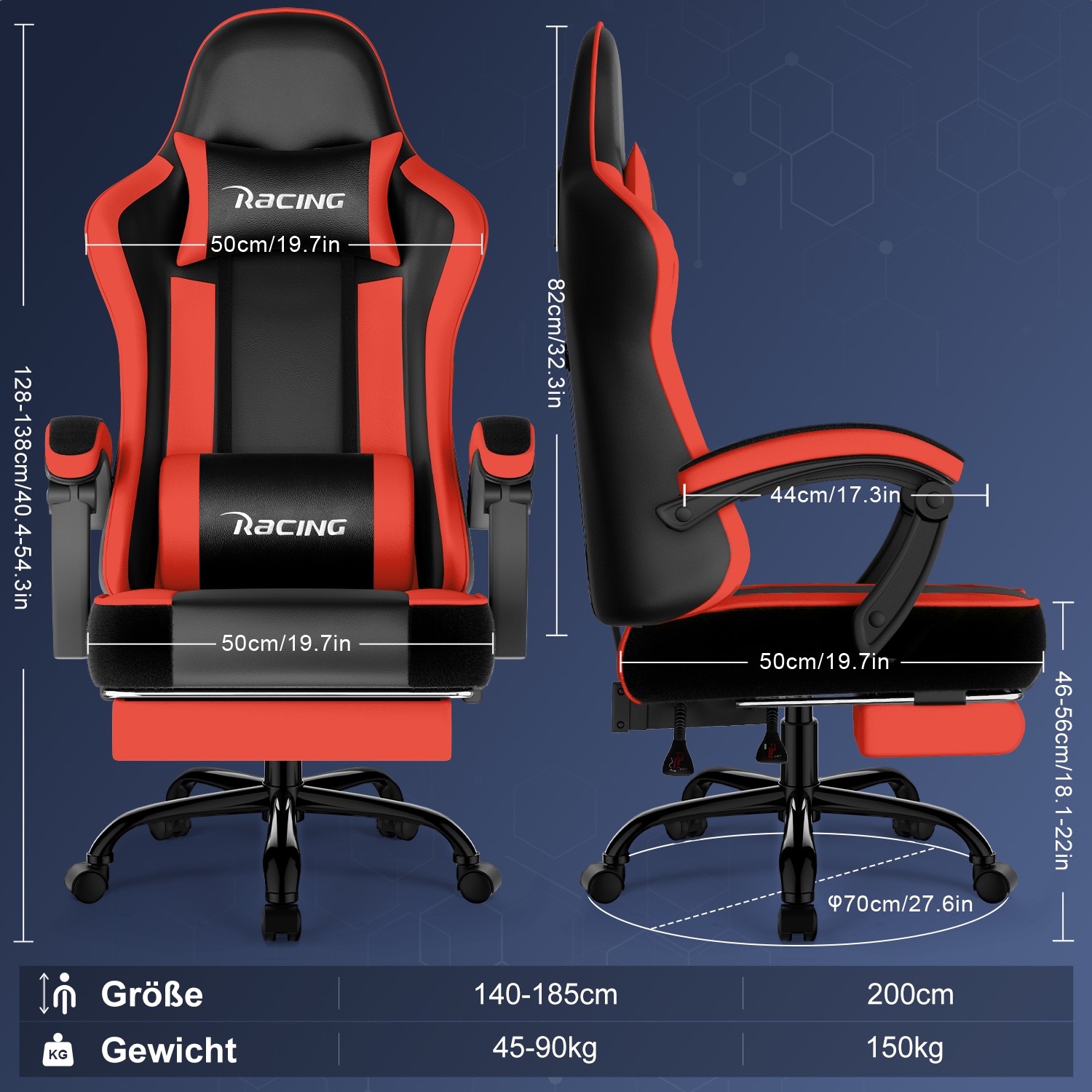 Ein roter und schwarzer Gaming-Stuhl mit Maßen und dem Logo "Racing".