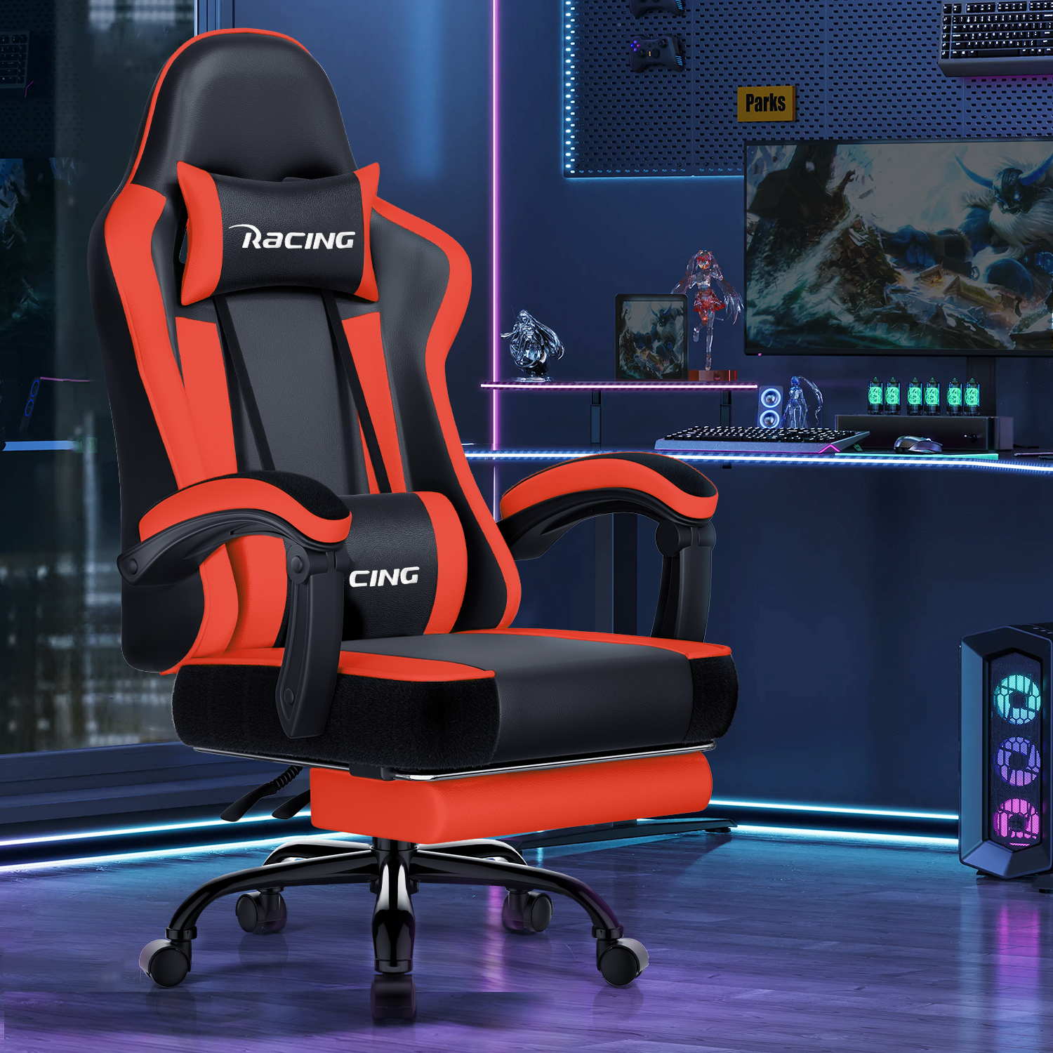 Ein schwarzer und roter Gaming-Stuhl mit einem Kissen mit der Aufschrift „Racing“.