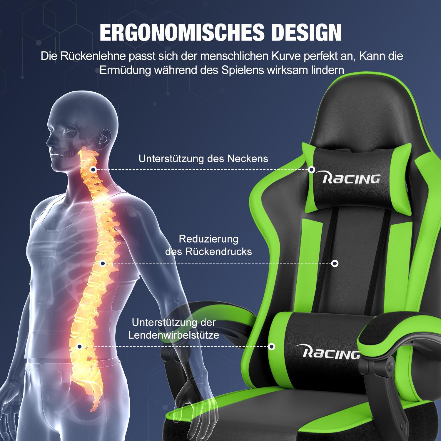 Ergonomisches Design: Menschliche Wirbelsäule und Rennstuhl mit Nacken-, Rücken- und Lendenwirbelstütze.