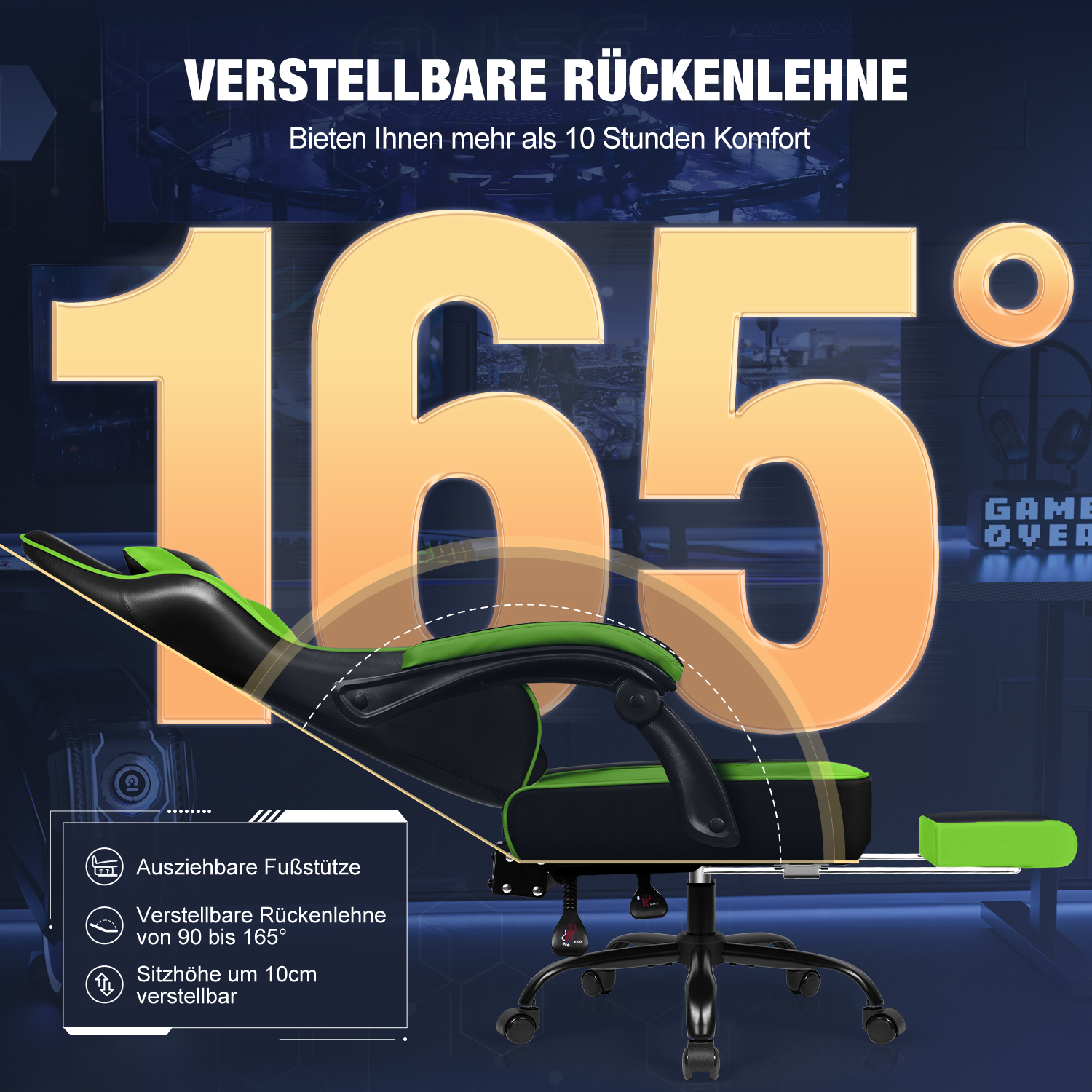 Gamingstuhl mit verstellbarer Rückenlehne bis 165° und ausziehbarer Fußstütze.