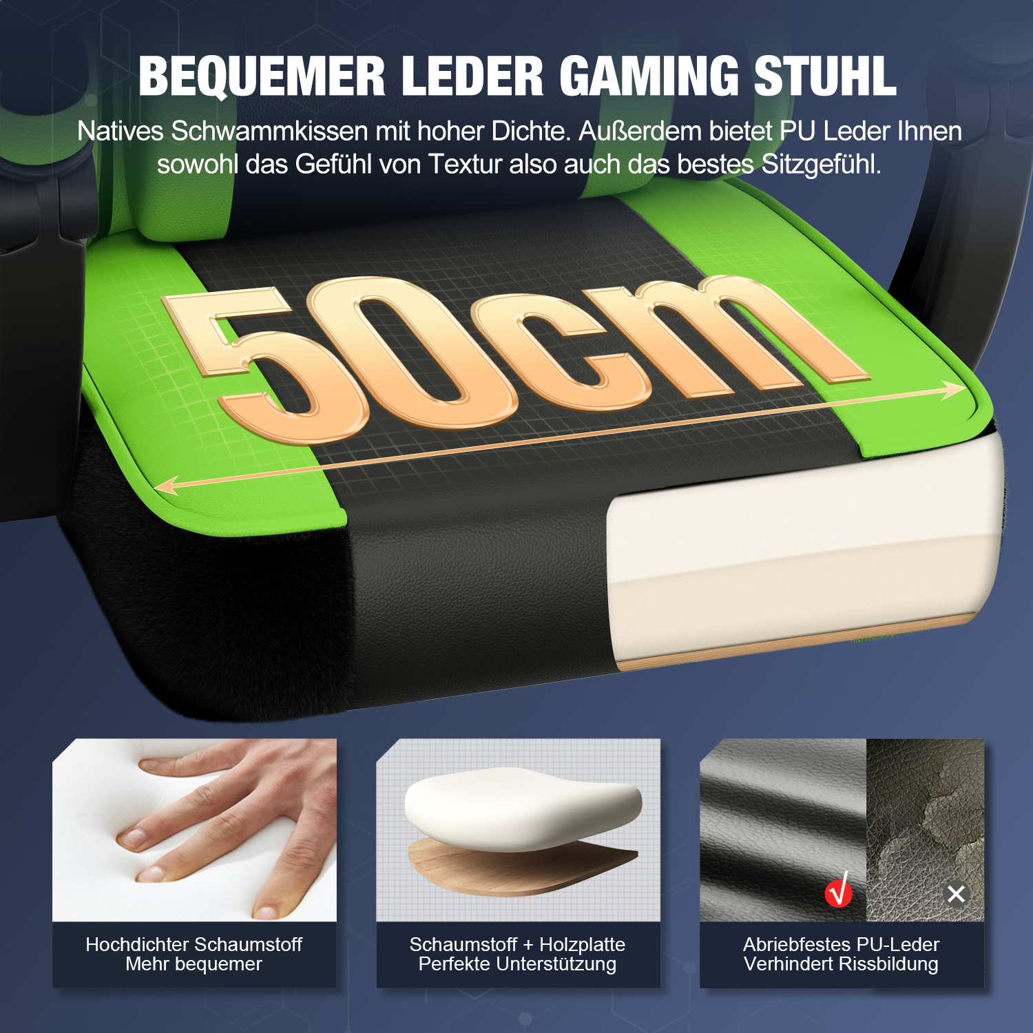 Grüner Gaming-Stuhl mit 50cm Sitzbreite, Schaumstoffkissen und PU-Leder.