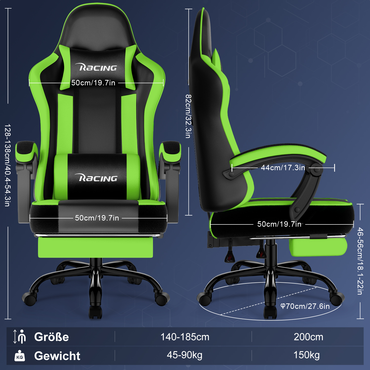 Ein grüner und schwarzer Gaming-Stuhl mit Maßen.
