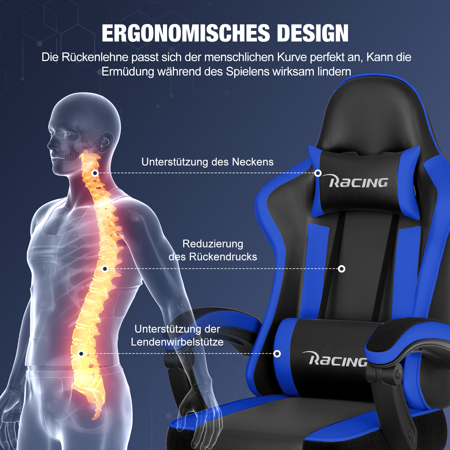 Ergonomisches Design: Menschliche Wirbelsäule, Nacken-, Rücken- und Lendenwirbelstütze mit Gaming-Stuhl.
