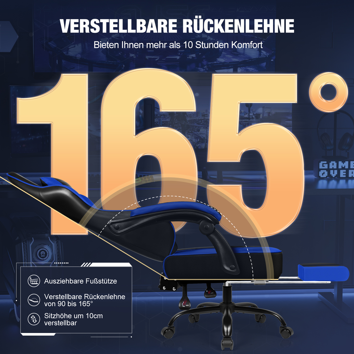 Schwarzer und blauer Gaming-Stuhl mit ausziehbarer Fußstütze und 165° verstellbarer Rückenlehne.