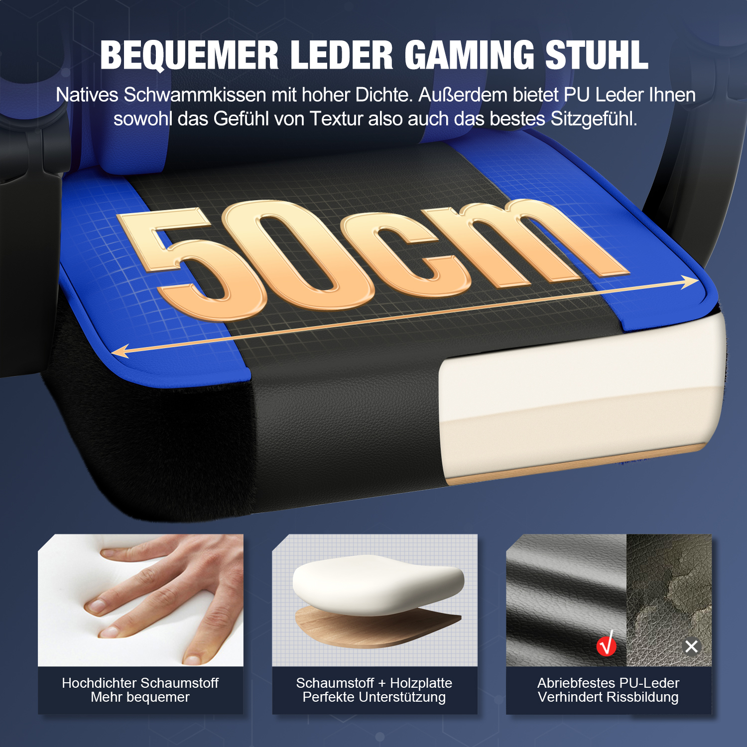 Gaming Stuhl mit 50cm Sitzfläche, Schaumstoffkissen und PU-Leder.
