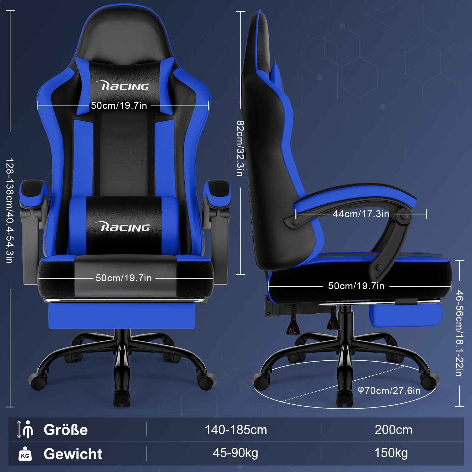 Blauer und schwarzer Gaming-Stuhl mit Maßen und Logo. Verstellbare Höhe.