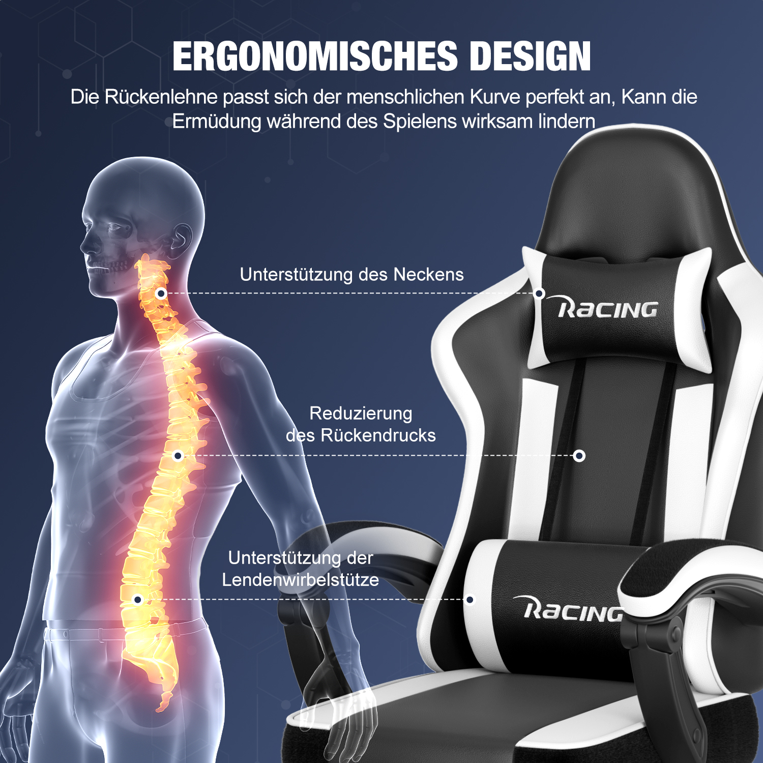 Ergonomisches Design: Ein Mann mit leuchtender Wirbelsäule neben einem schwarzen Rennstuhl.