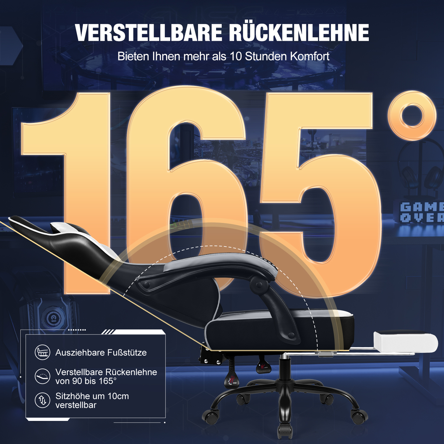 Schwarzer Gamingstuhl mit ausziehbarer Fußstütze und 165° verstellbarer Rückenlehne.