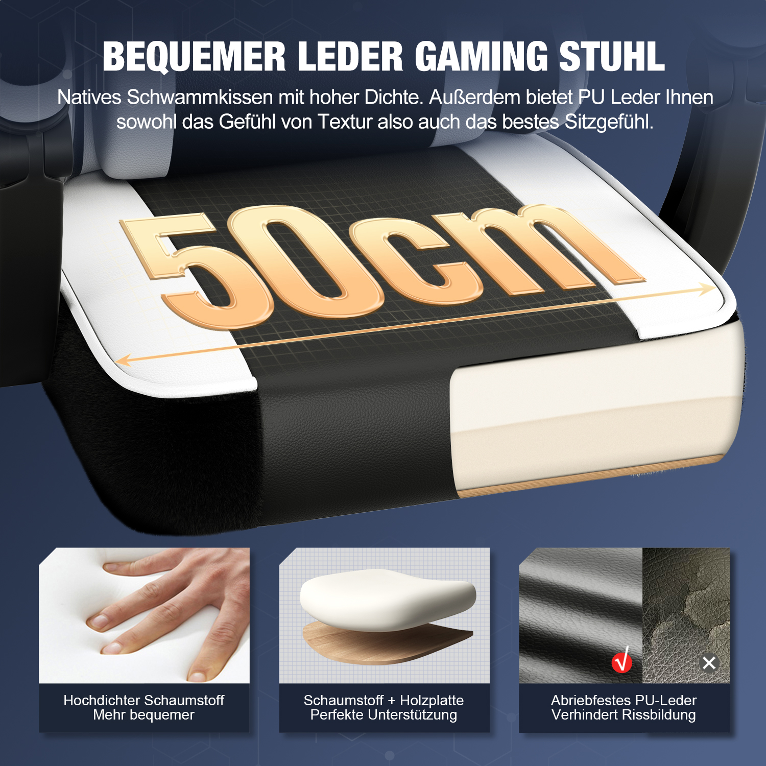 Gamingstuhl mit 50cm Sitzfläche, Schaumstoff- und PU-Leder-Details.