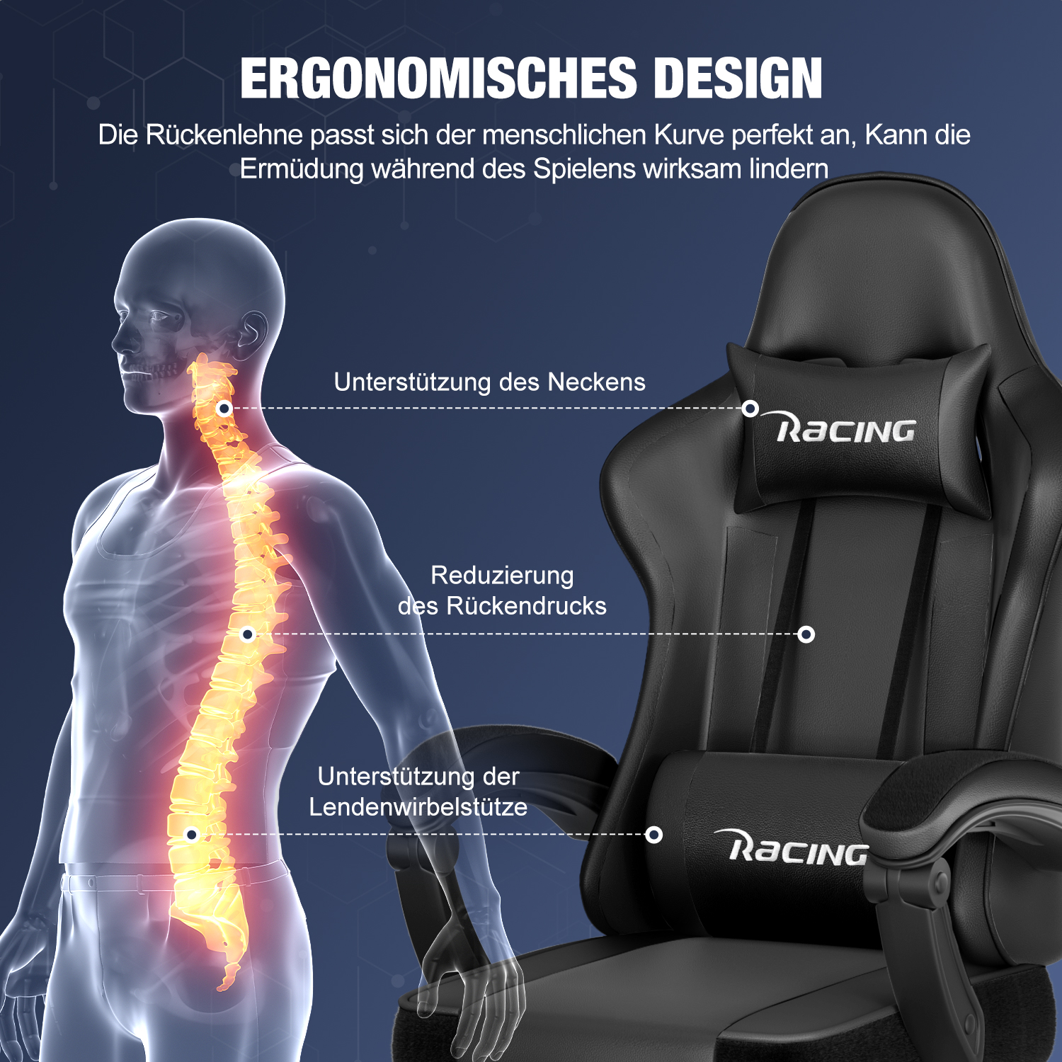 Ergonomisches Design: Menschliche Wirbelsäule und Rennstuhl mit Hervorhebungen.